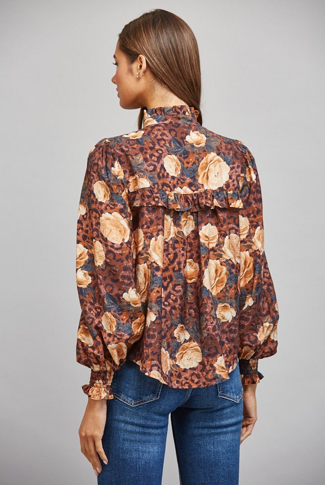 Bold Print High Ruffled Collar Blouse
