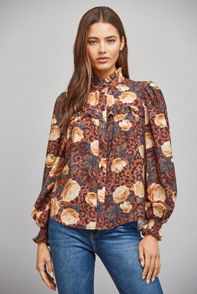 Bold Print High Ruffled Collar Blouse