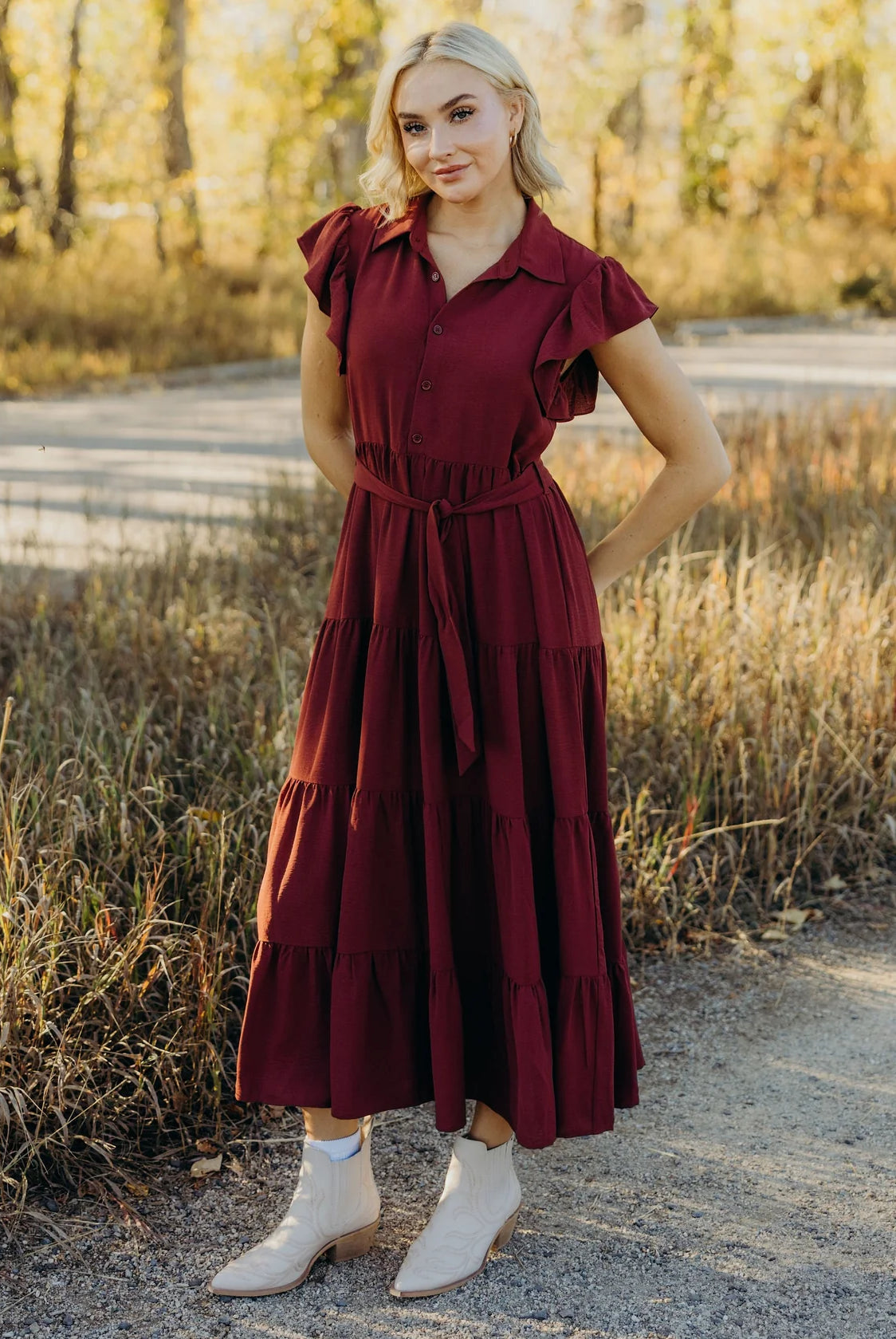 Tiered Maxi Dress with Tie Waist and Flutter Sleeve