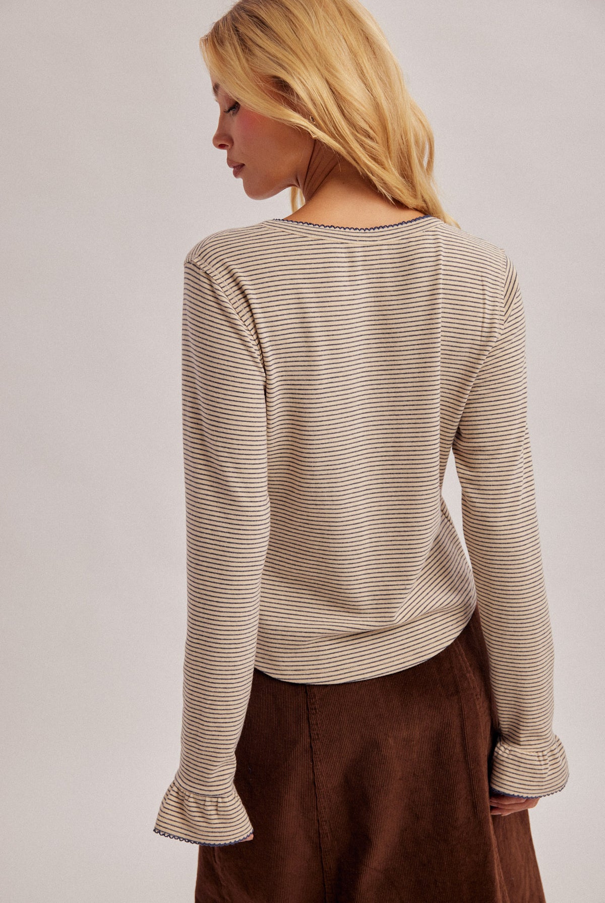 Pinstripe Henley Top with Lace Scallop Edge and Flared Sleeve Cuff