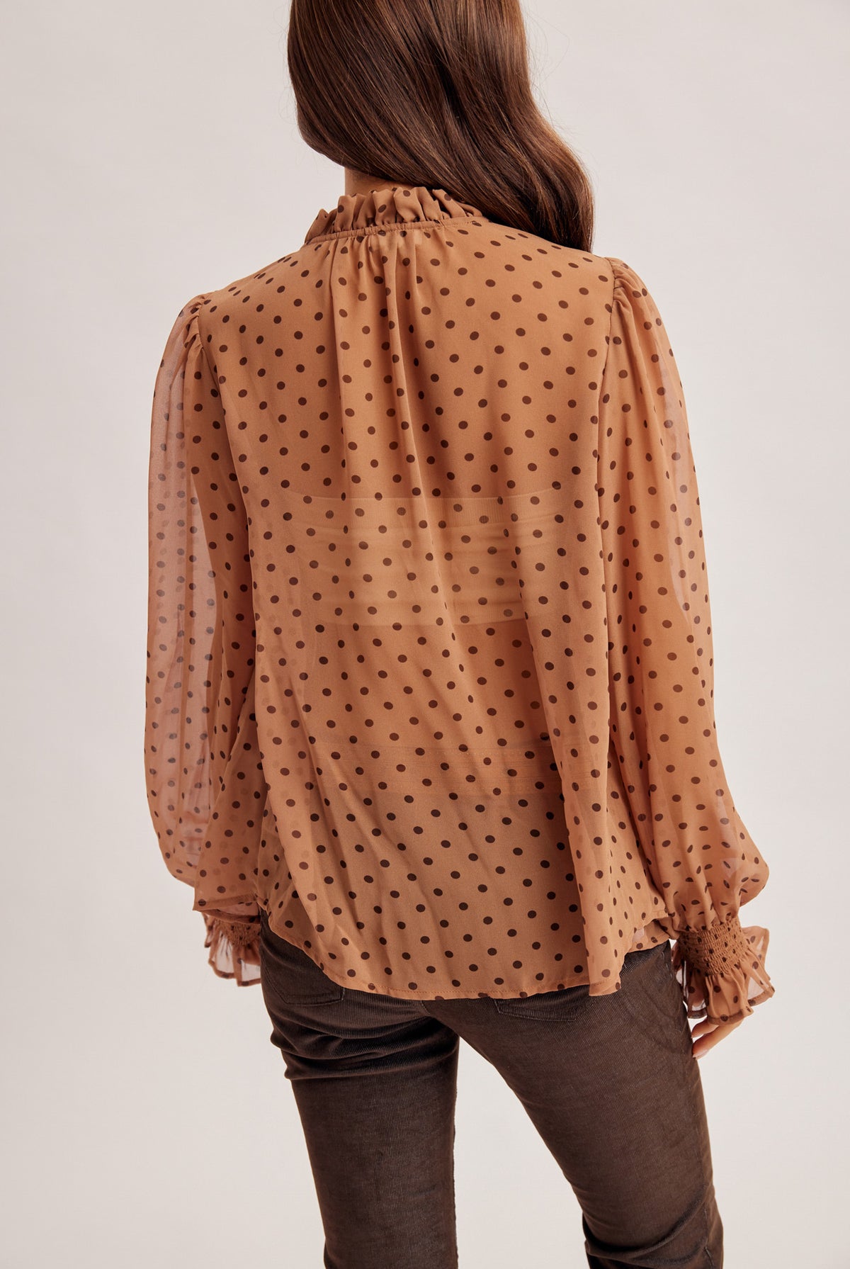 Polka Dot Printed Blouse with Smocked Yoke Detail
