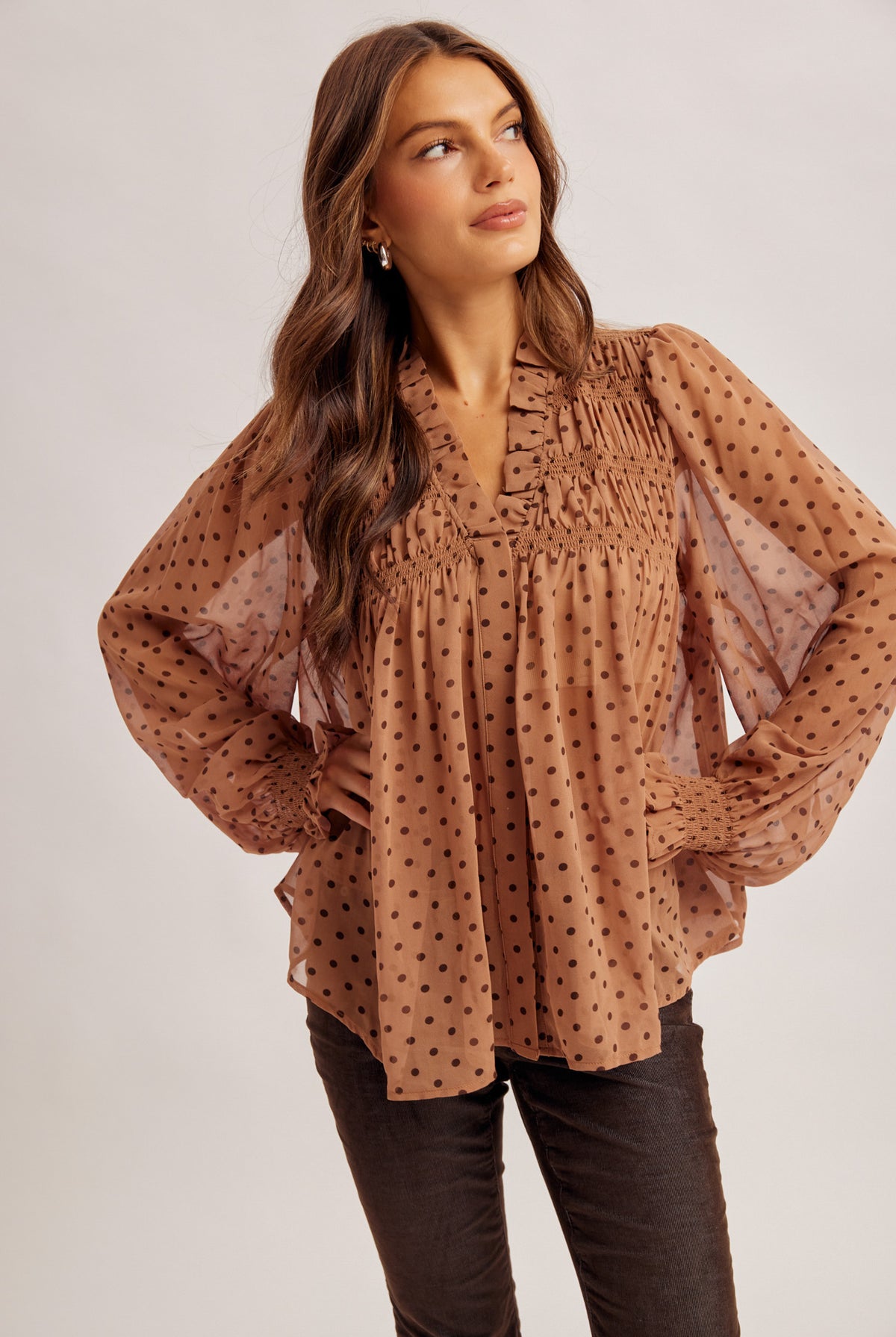Polka Dot Printed Blouse with Smocked Yoke Detail