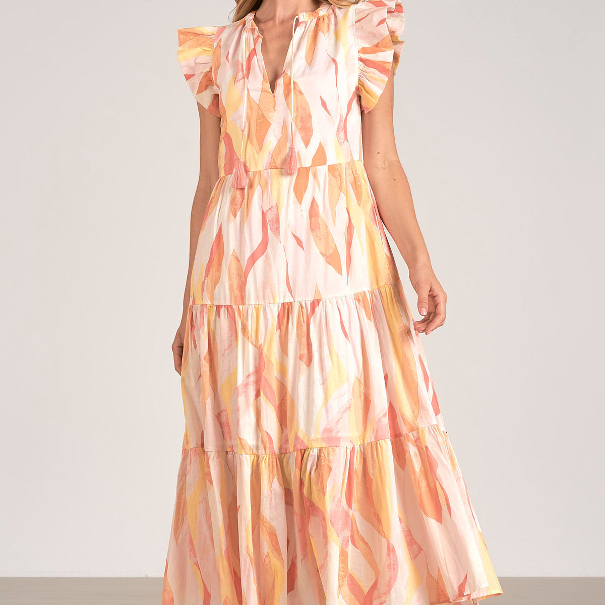 *FINAL SALE* Tiered Printed Dress with Flutter Sleeve and Notch Collar