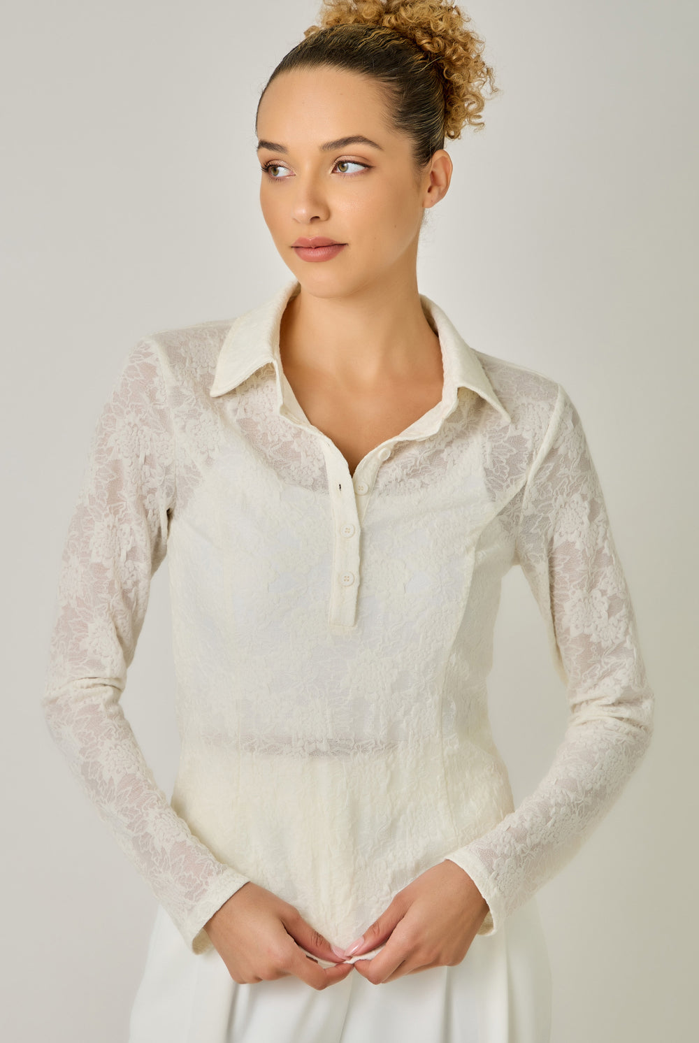 Lace Polo Neck Buttoned Top