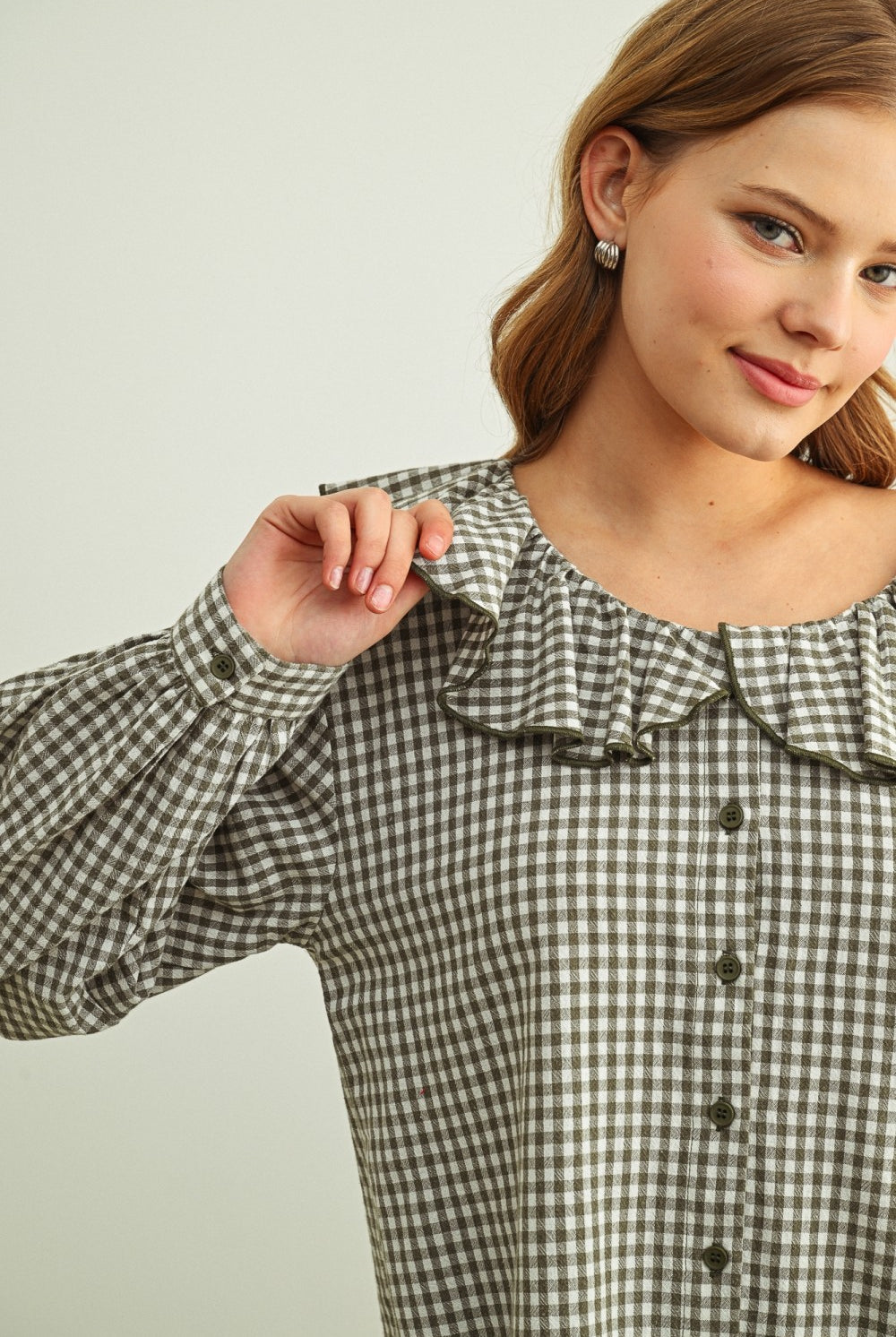 Cotton Gingham Button Front Blouse with Ruffled Collar