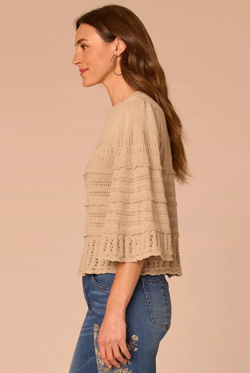 Cotton Bell Sleeve Round Neck Scallop Edge Variegated Stitch Mix Sweater
