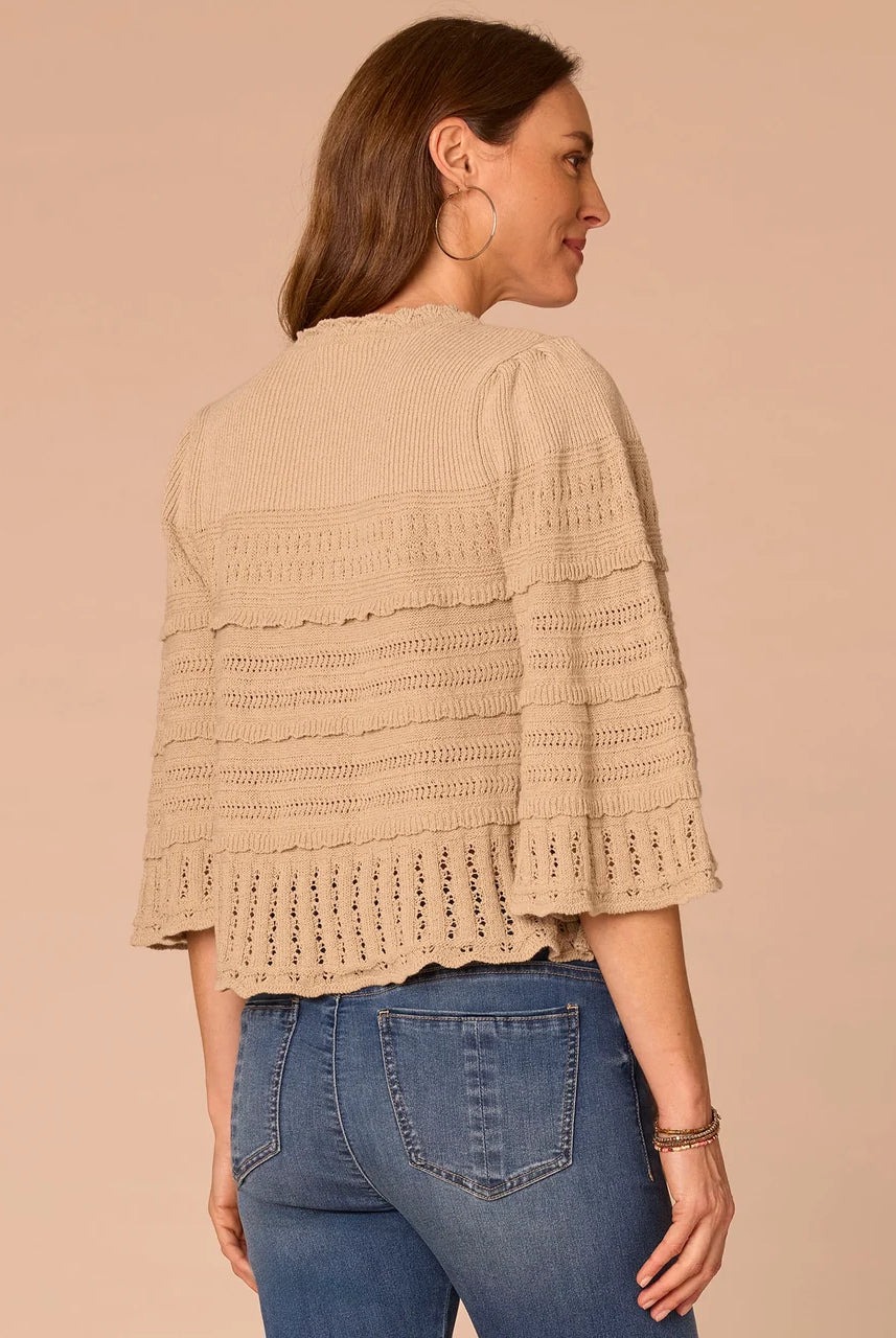 Cotton Bell Sleeve Round Neck Scallop Edge Variegated Stitch Mix Sweater