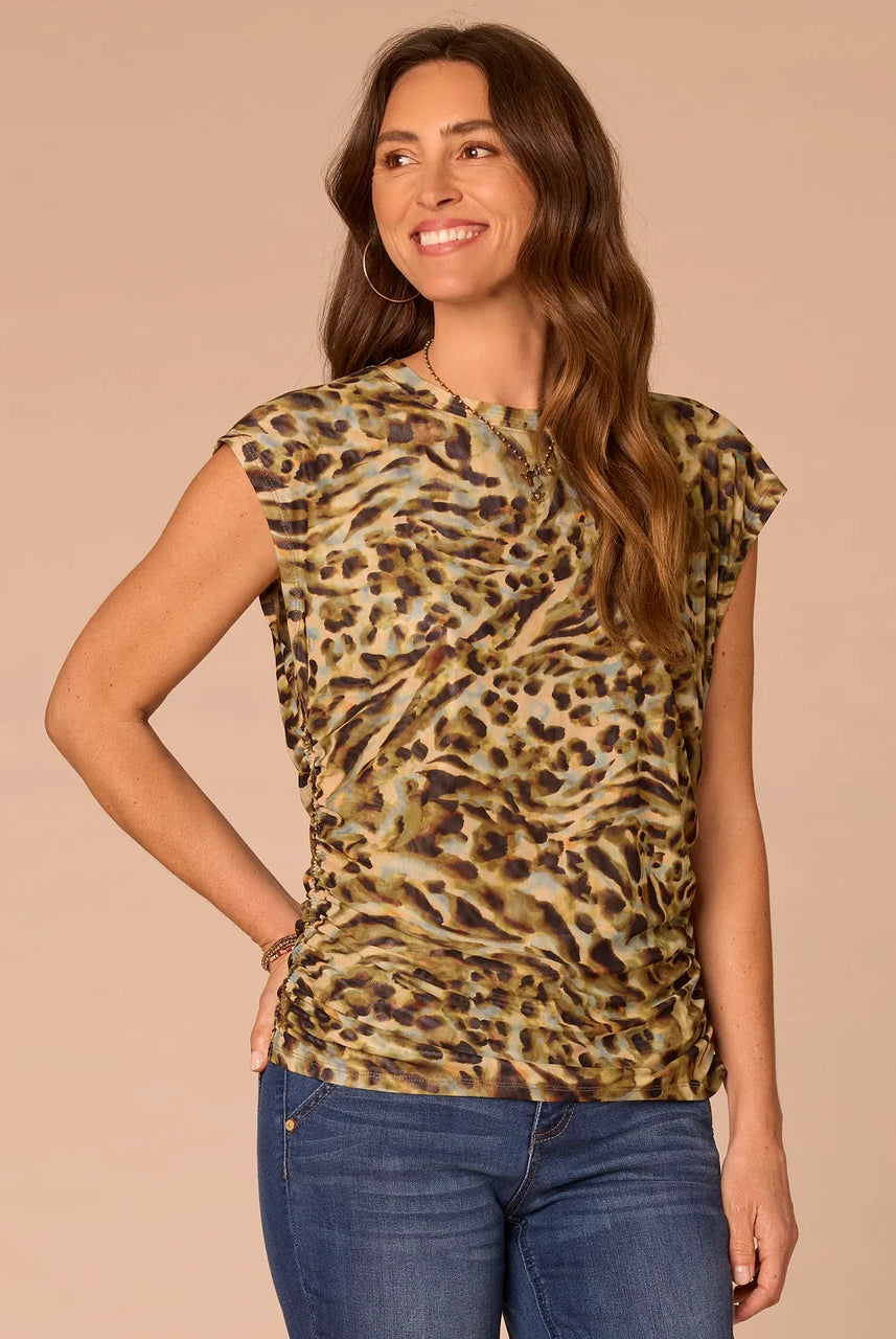 Extended Cap Sleeve Patterned Top with Side Ruching