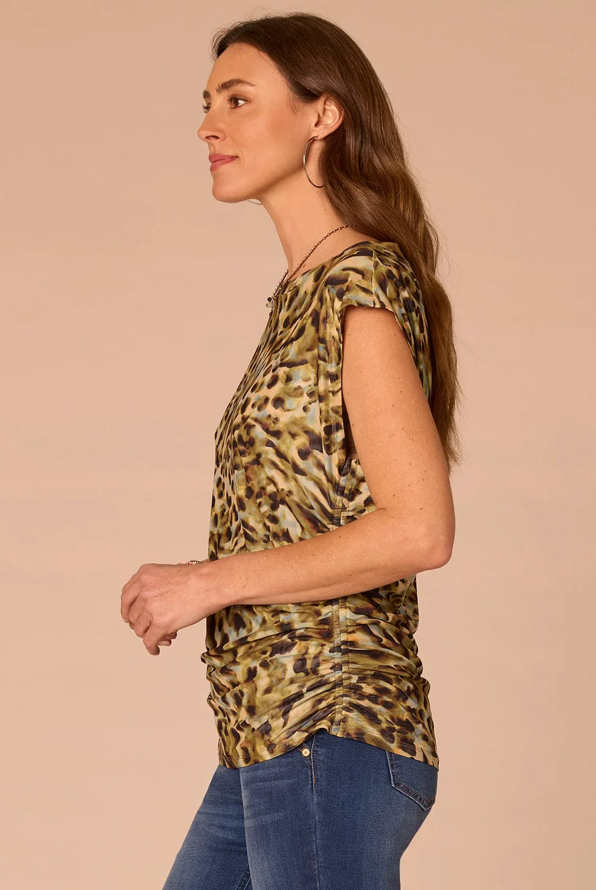 Extended Cap Sleeve Patterned Top with Side Ruching