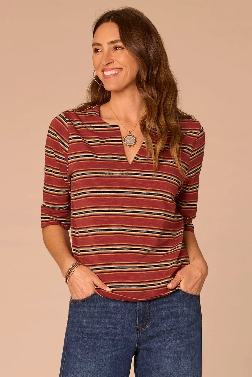 Elbow Roll Cuff Sleeve Split V-Neck Striped Knit Top
