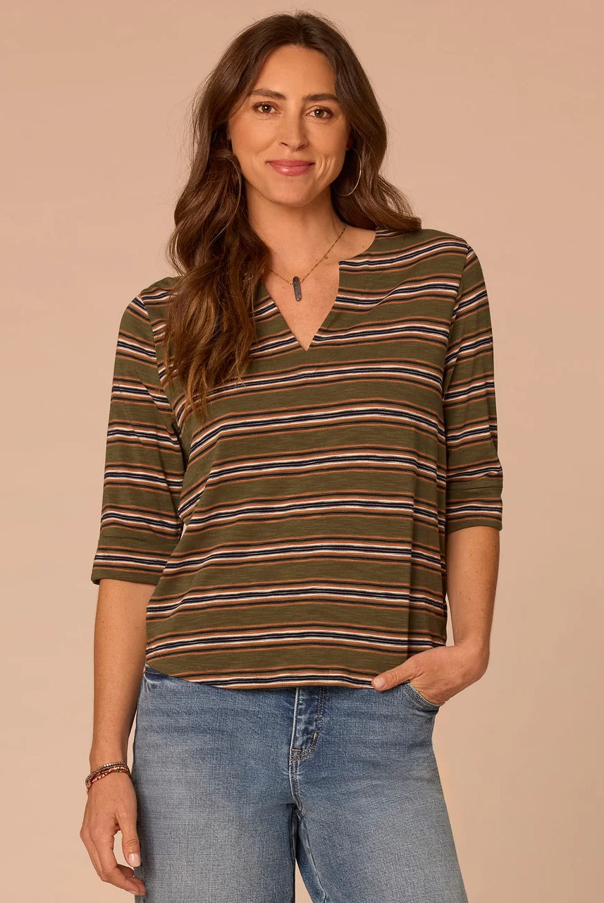 Elbow Roll Cuff Sleeve Split V-Neck Striped Knit Top