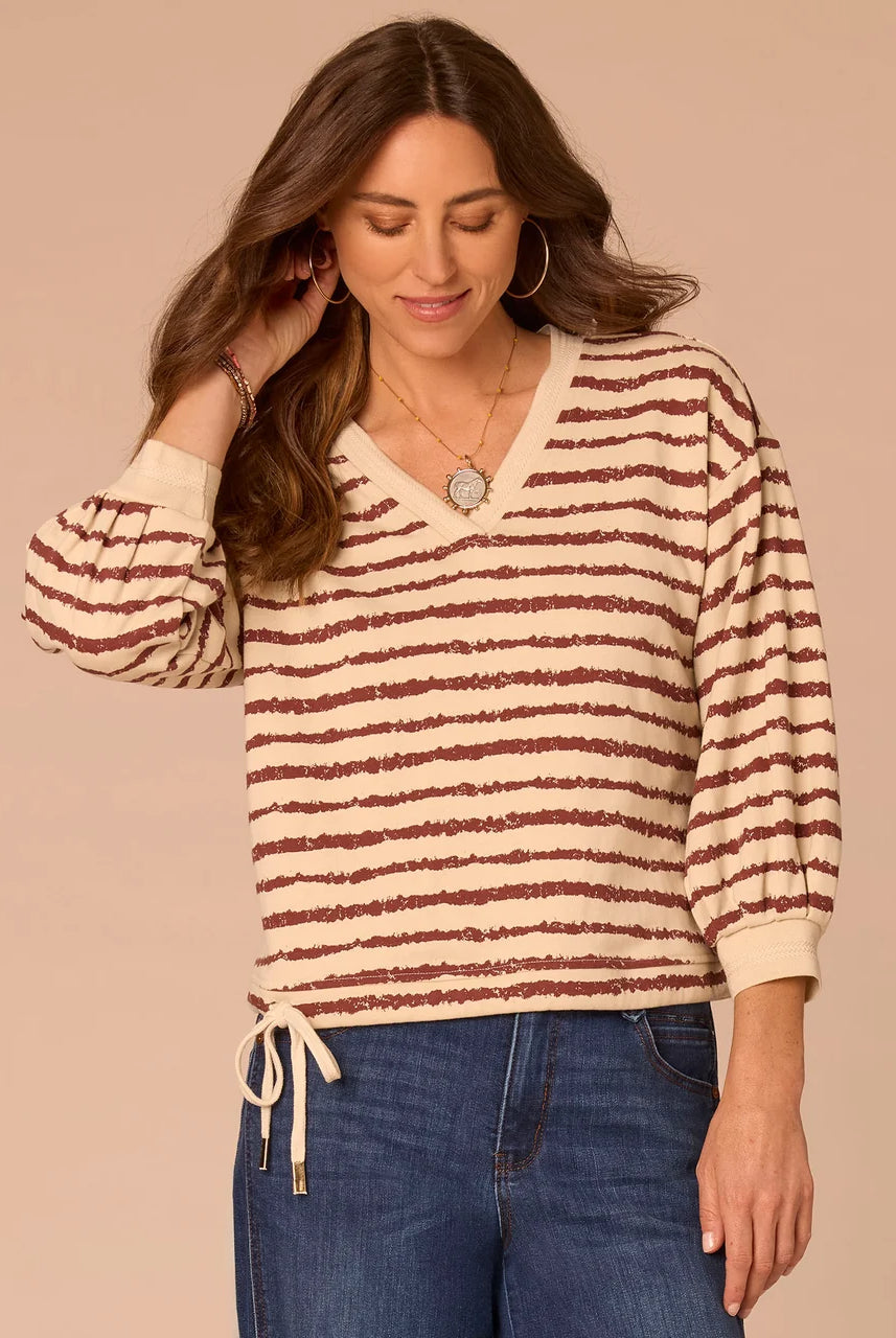 3/4 Sleeve V-Neck Tie Hem Knit Top with Jacquard Bands
