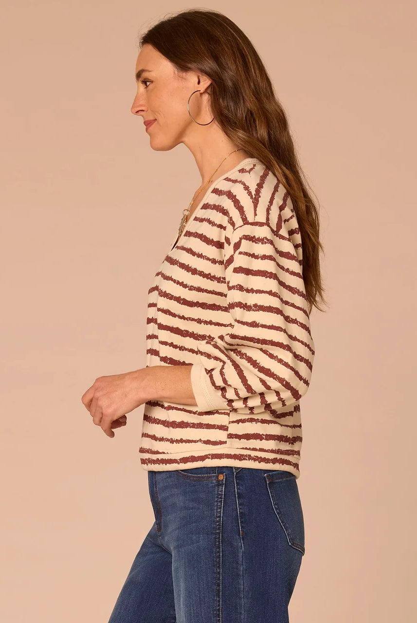 3/4 Sleeve V-Neck Tie Hem Knit Top with Jacquard Bands