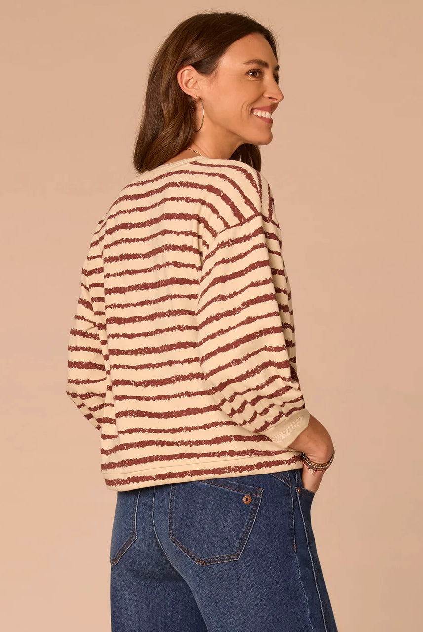 3/4 Sleeve V-Neck Tie Hem Knit Top with Jacquard Bands