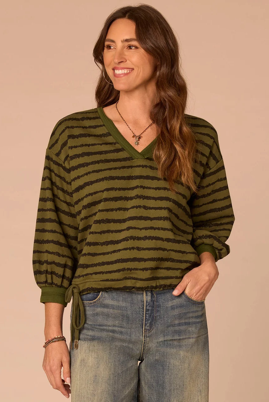 3/4 Sleeve V-Neck Tie Hem Knit Top with Jacquard Bands