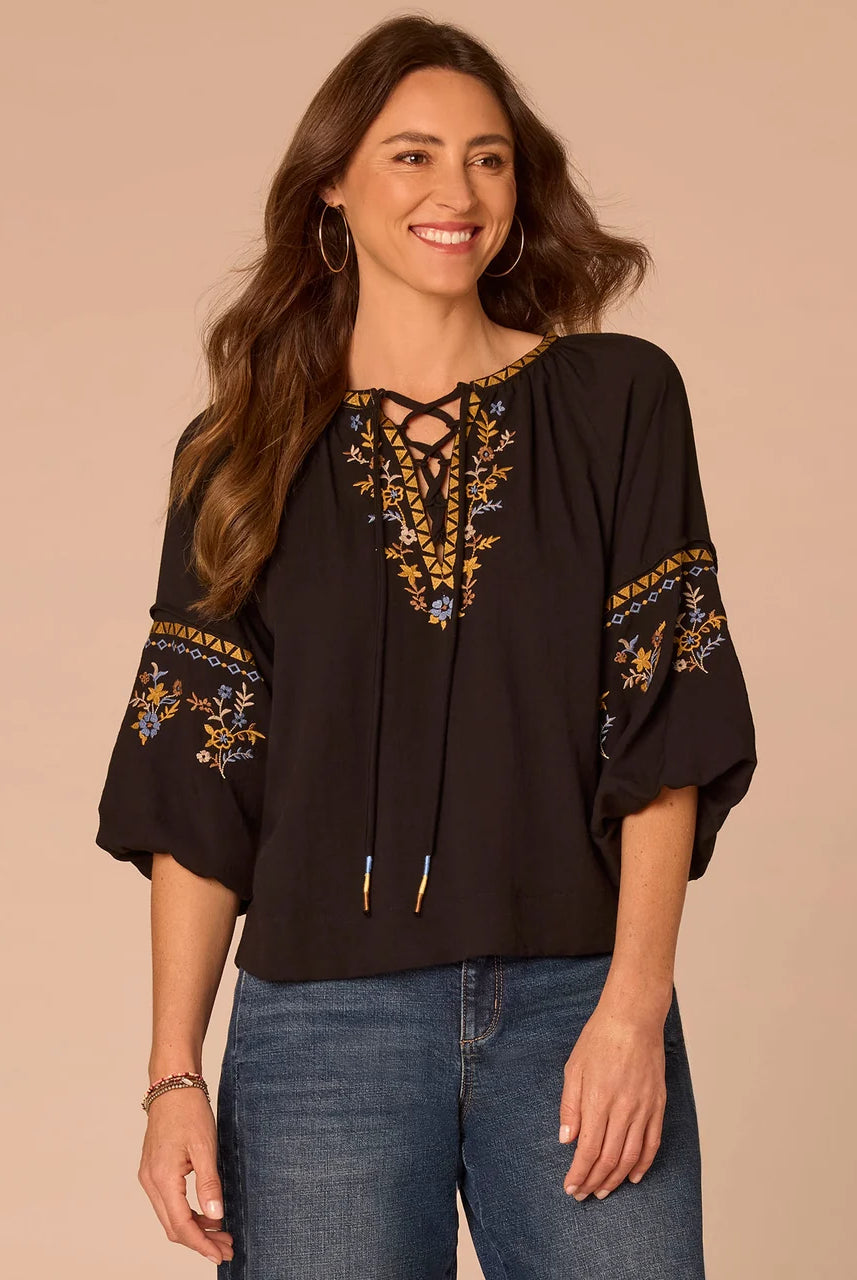 Bubble Raglan Sleeve Lace Up V-Neck Woven Top