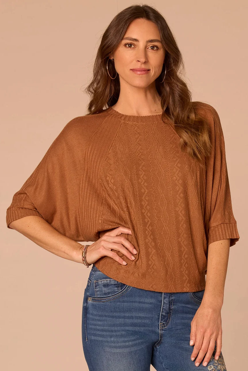 Dolman Batwing Sleeve Crew Neck Mixed Media Knit Top