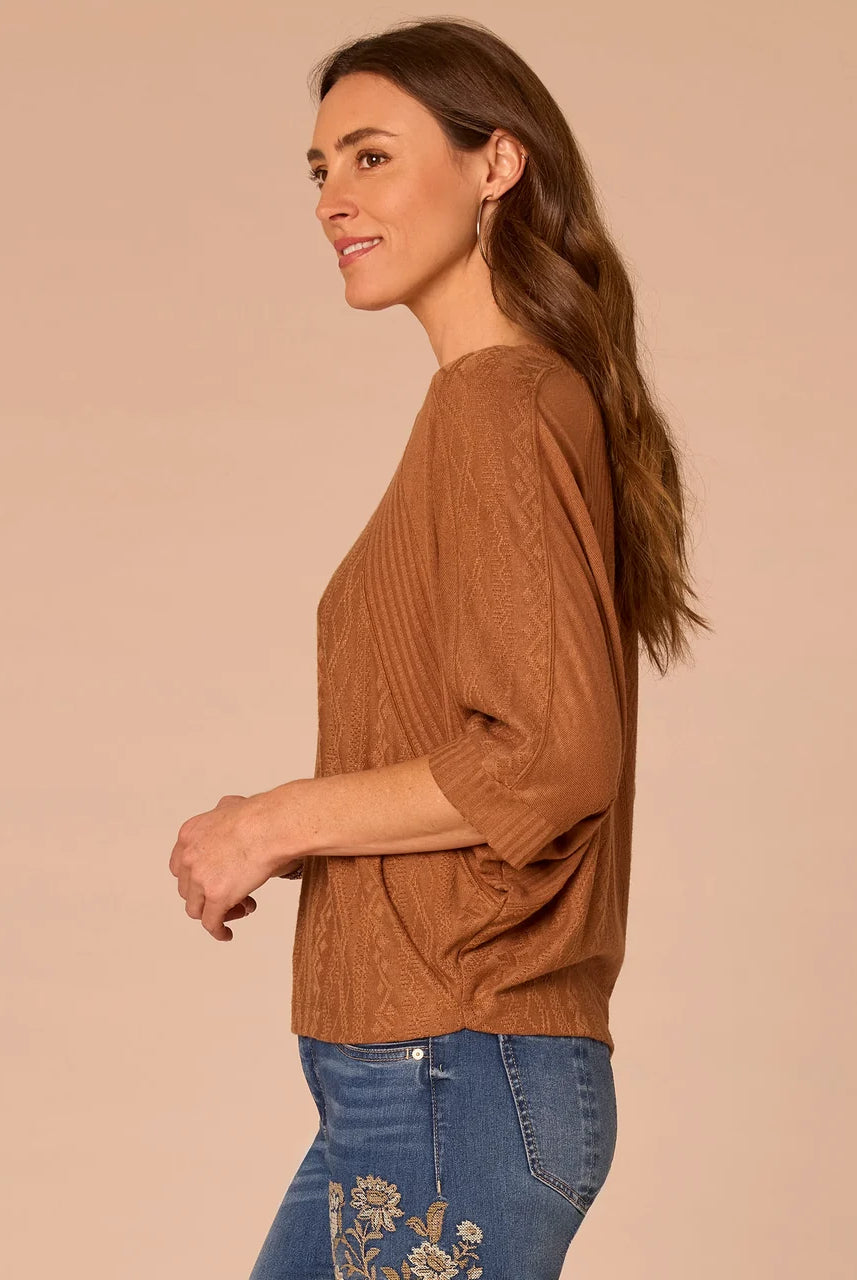 Dolman Batwing Sleeve Crew Neck Mixed Media Knit Top