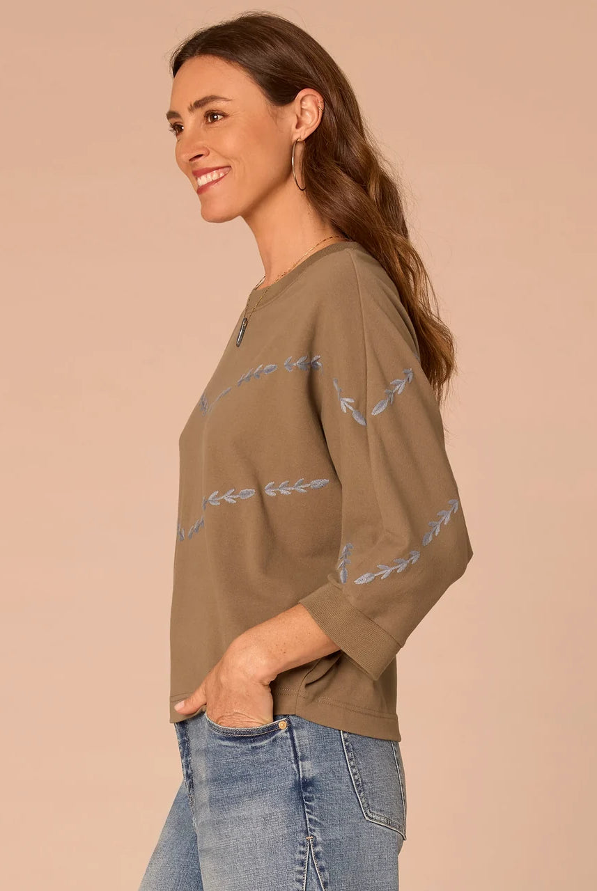 Dolman Sleeve Scoop Neck Embroidered Knit Top