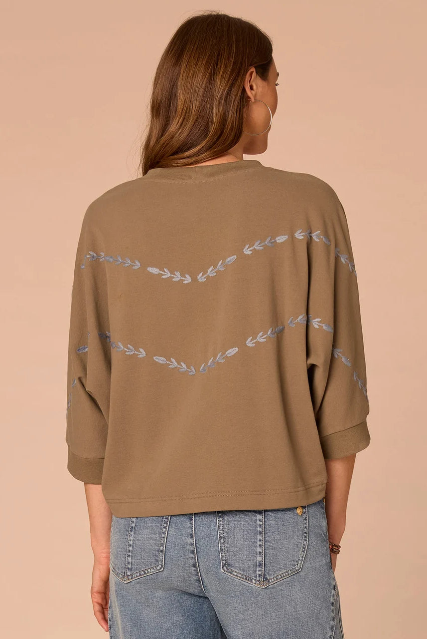 Dolman Sleeve Scoop Neck Embroidered Knit Top