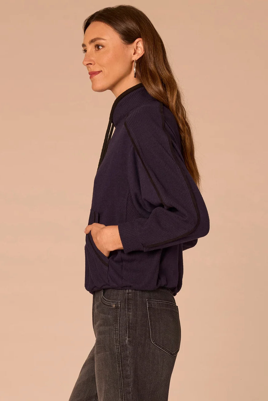 Kangaroo Pocket Bubble Hem Mixed Media Top