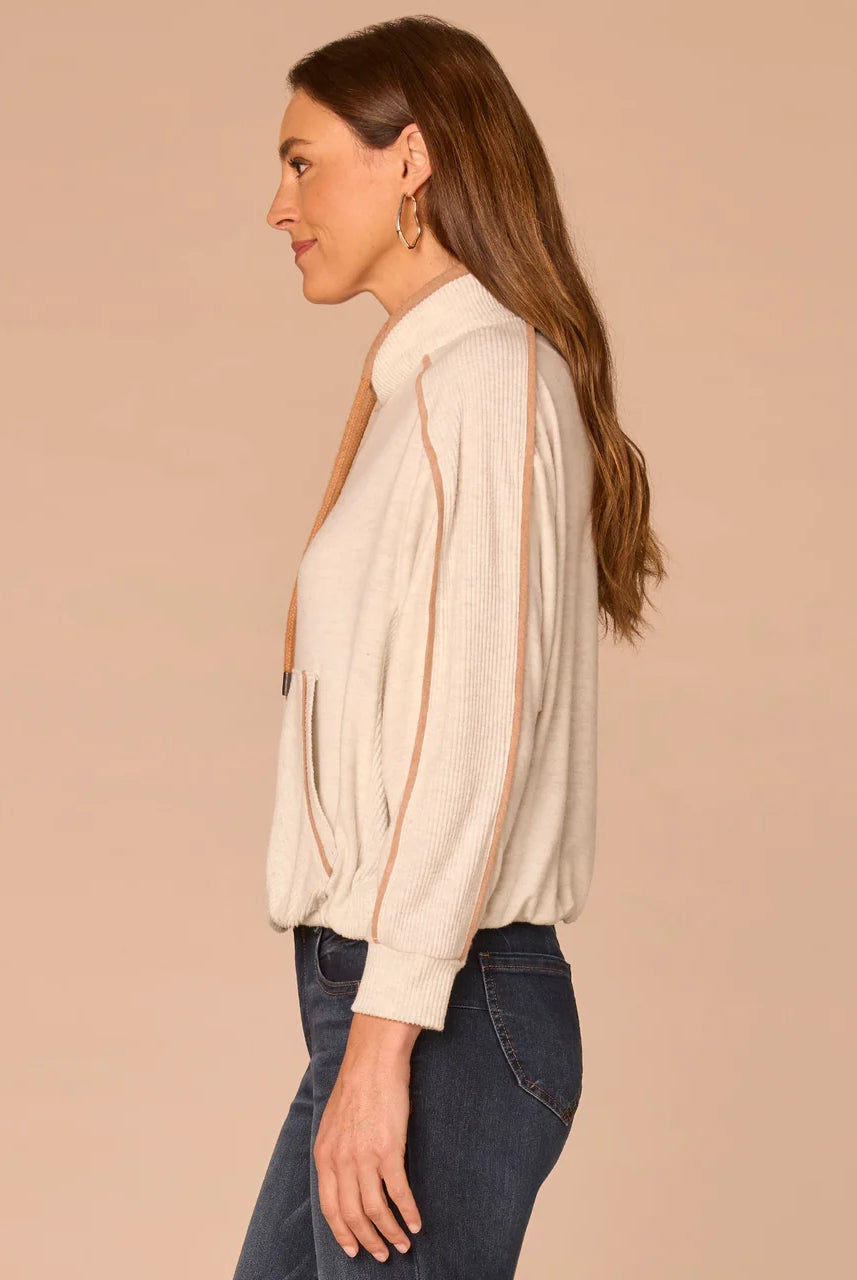 Kangaroo Pocket Bubble Hem Mixed Media Top