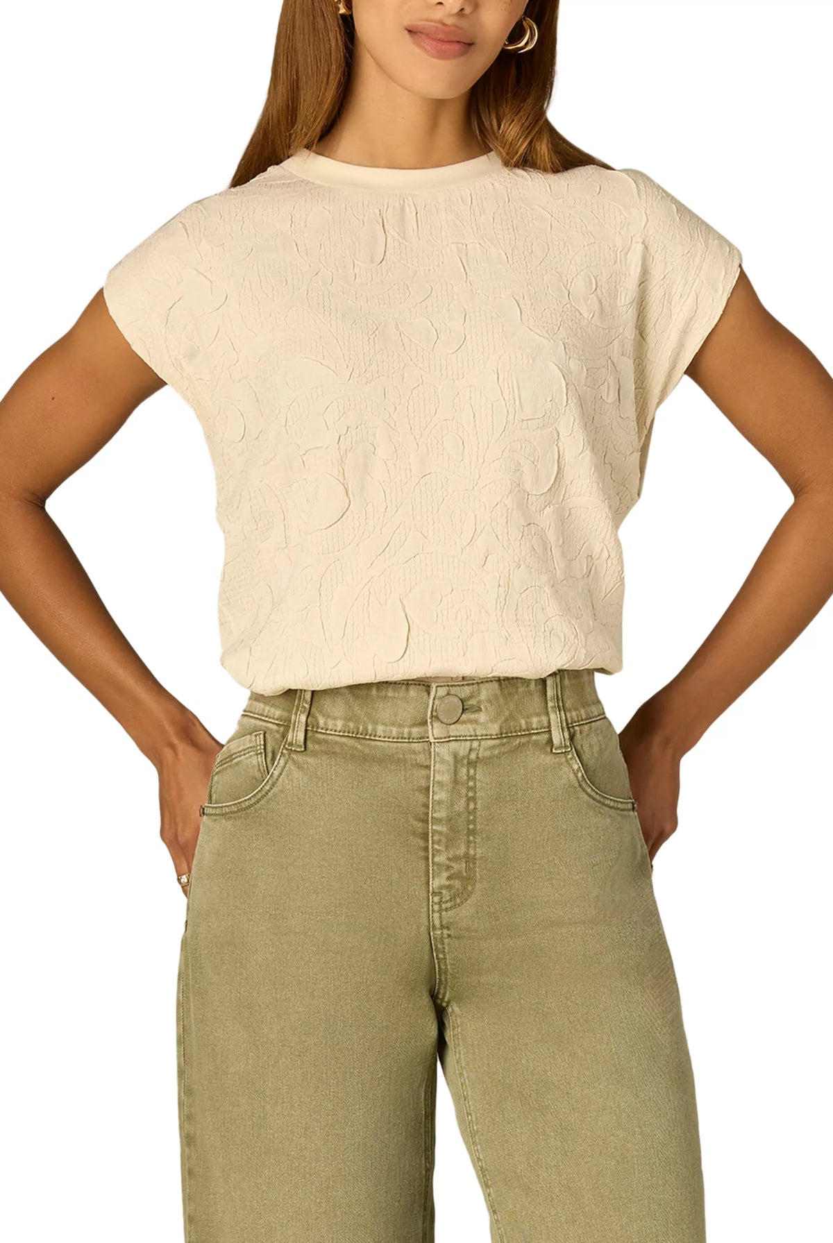 Mixed Media Top with Extended Cap Sleeve