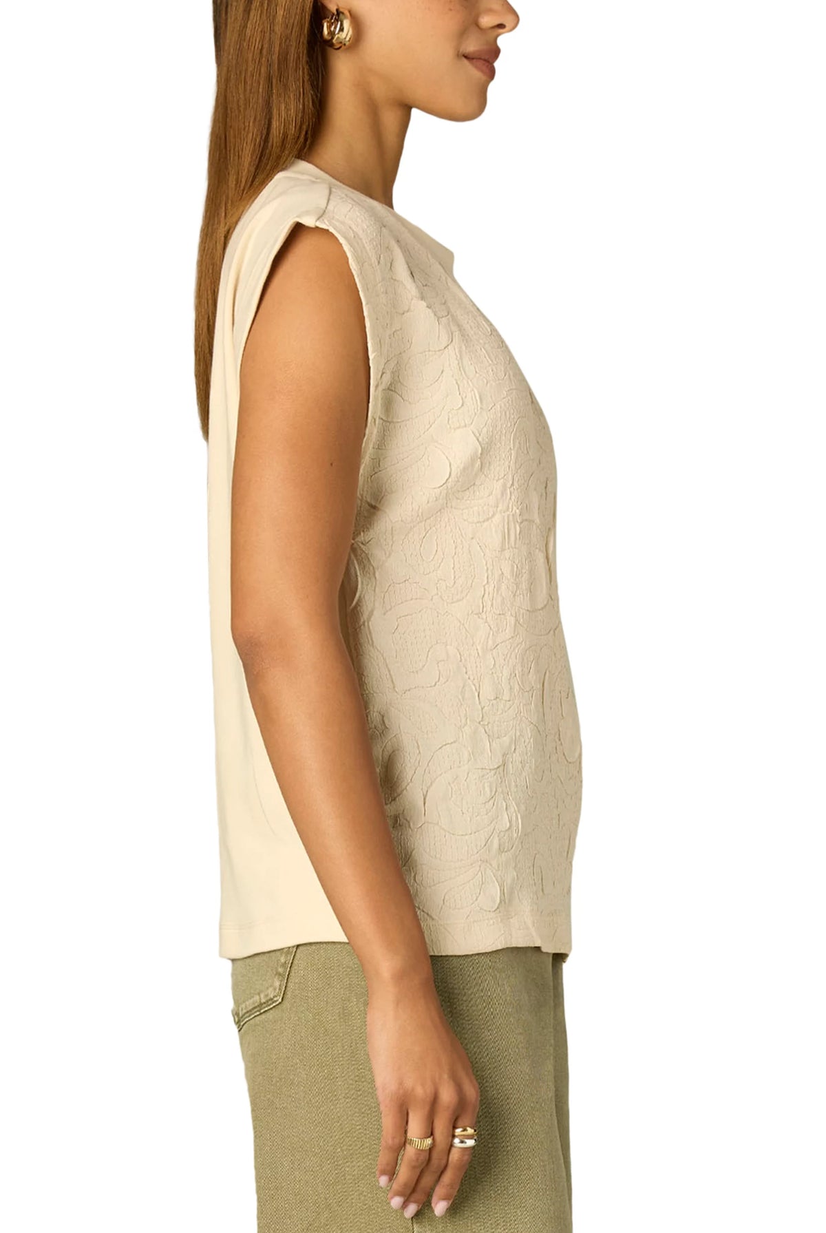 Mixed Media Top with Extended Cap Sleeve