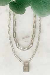 Layered Paperclip Chain Necklace with Lock Pendant