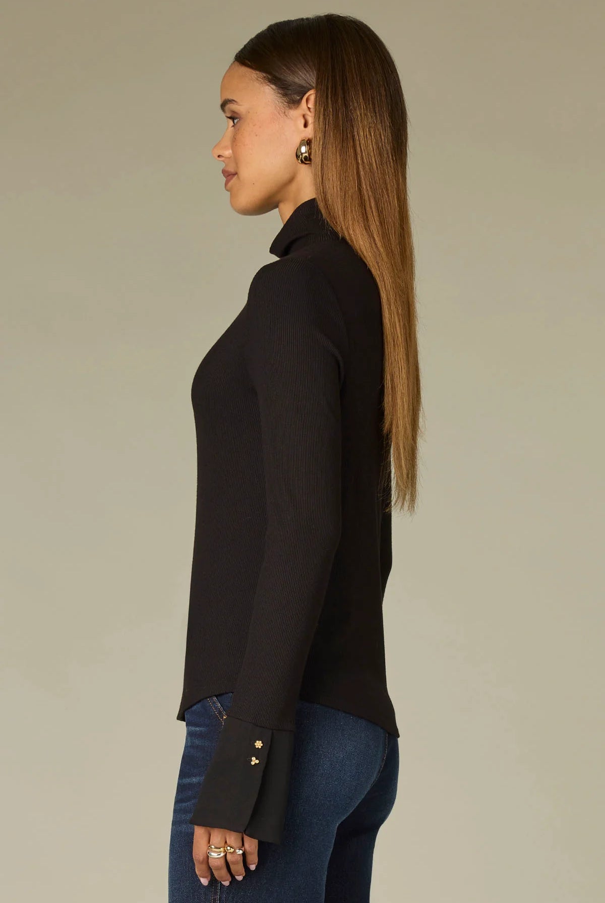 Long French Cuff Sleeve Mock Neck Ribbed Mixed Media Knit Top