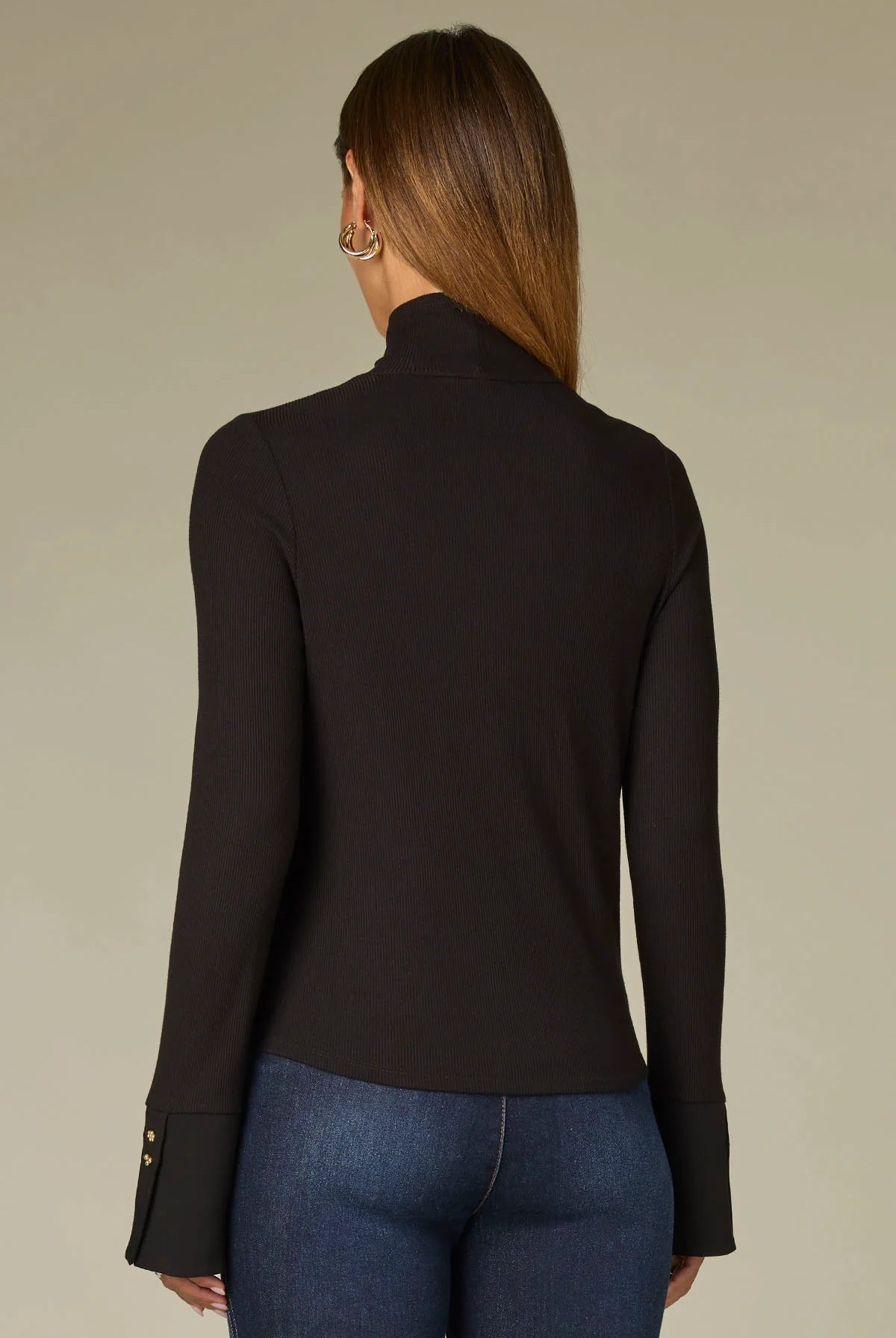 Long French Cuff Sleeve Mock Neck Ribbed Mixed Media Knit Top