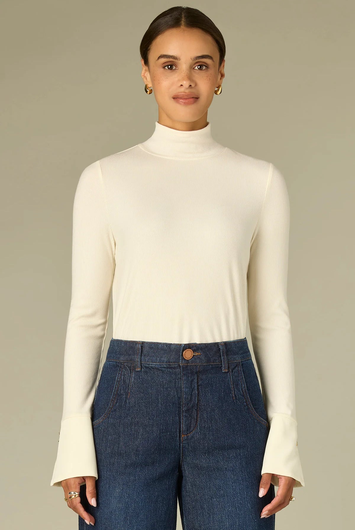 Long French Cuff Sleeve Mock Neck Ribbed Mixed Media Knit Top