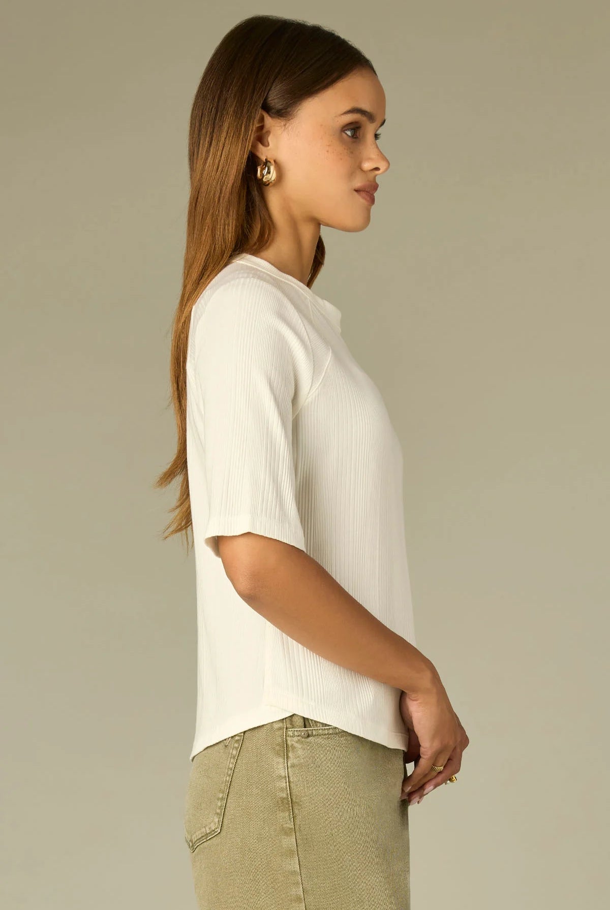 Elbow Raglan Sleeve High Crew Neck Ribbed Knit Top