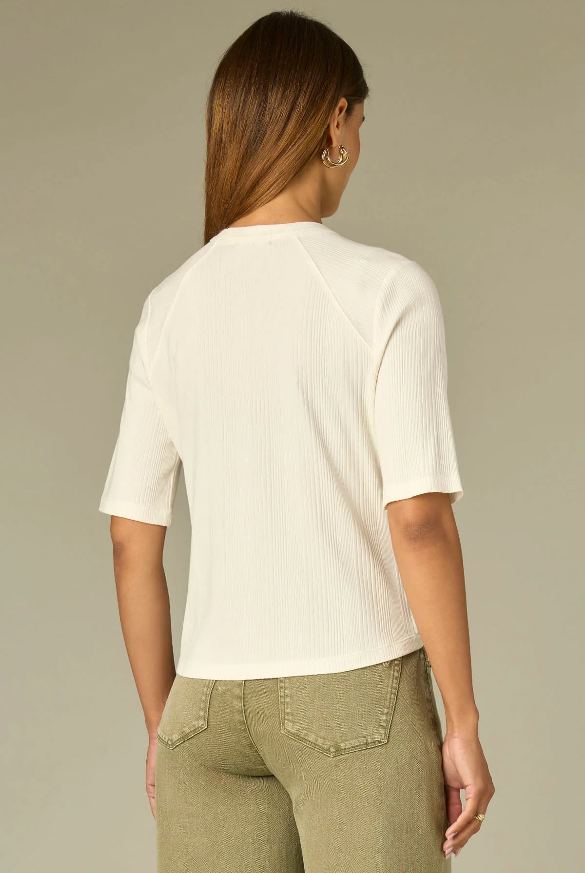 Elbow Raglan Sleeve High Crew Neck Ribbed Knit Top