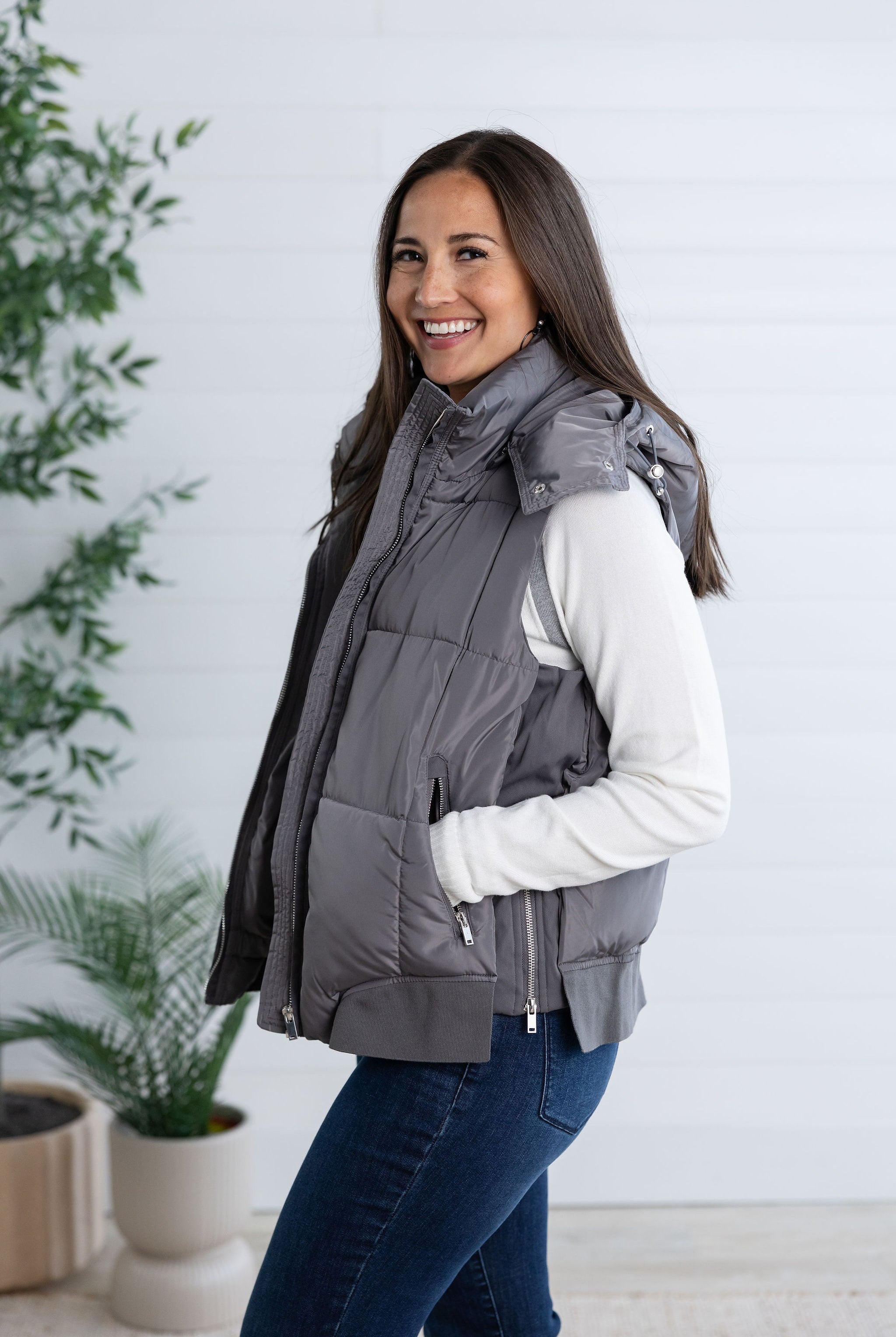 MB Quilted Puffer Vest with Removable Hood and Side Zippers