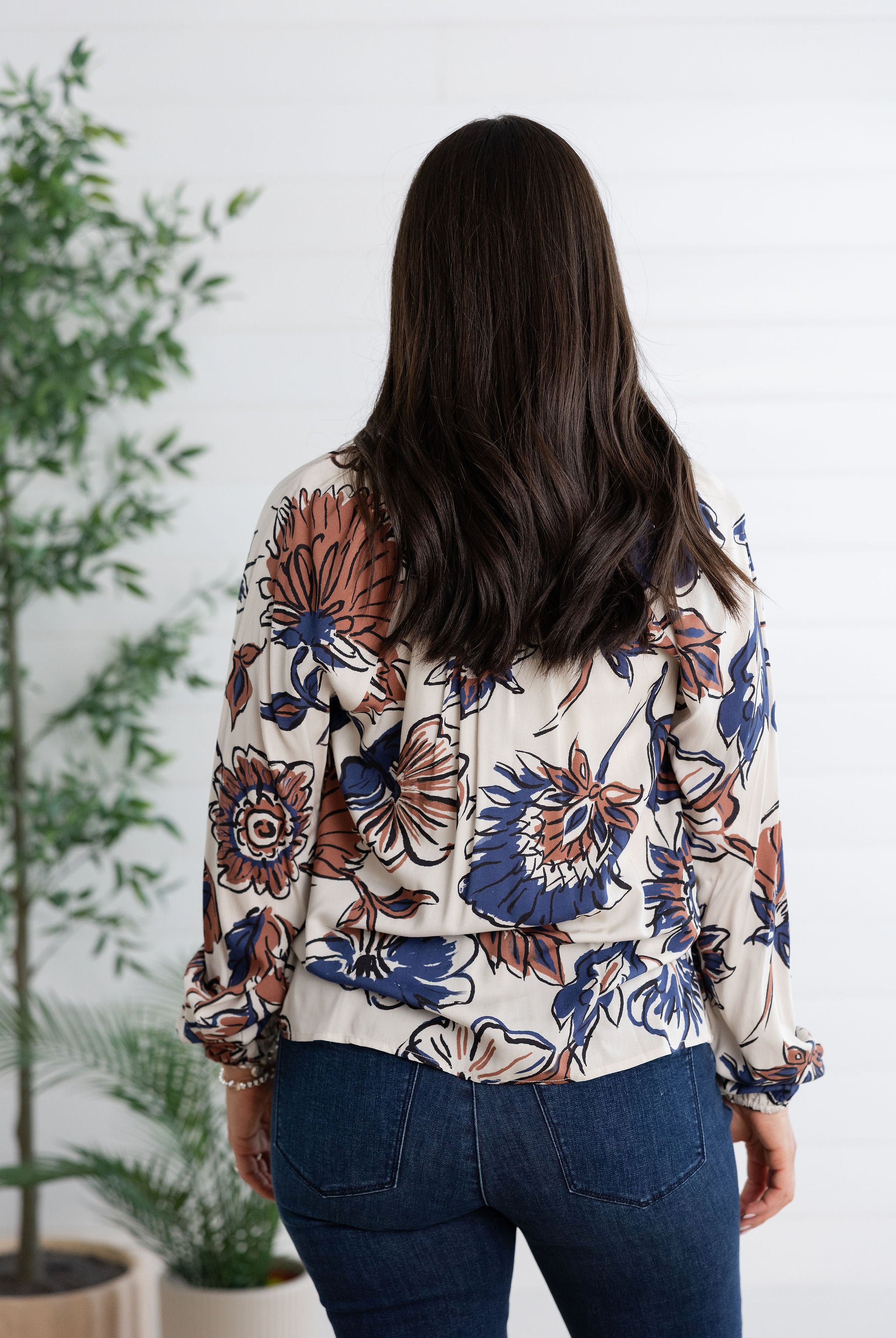 Raglan Long Sleeve Printed Blouse with Notch Neck