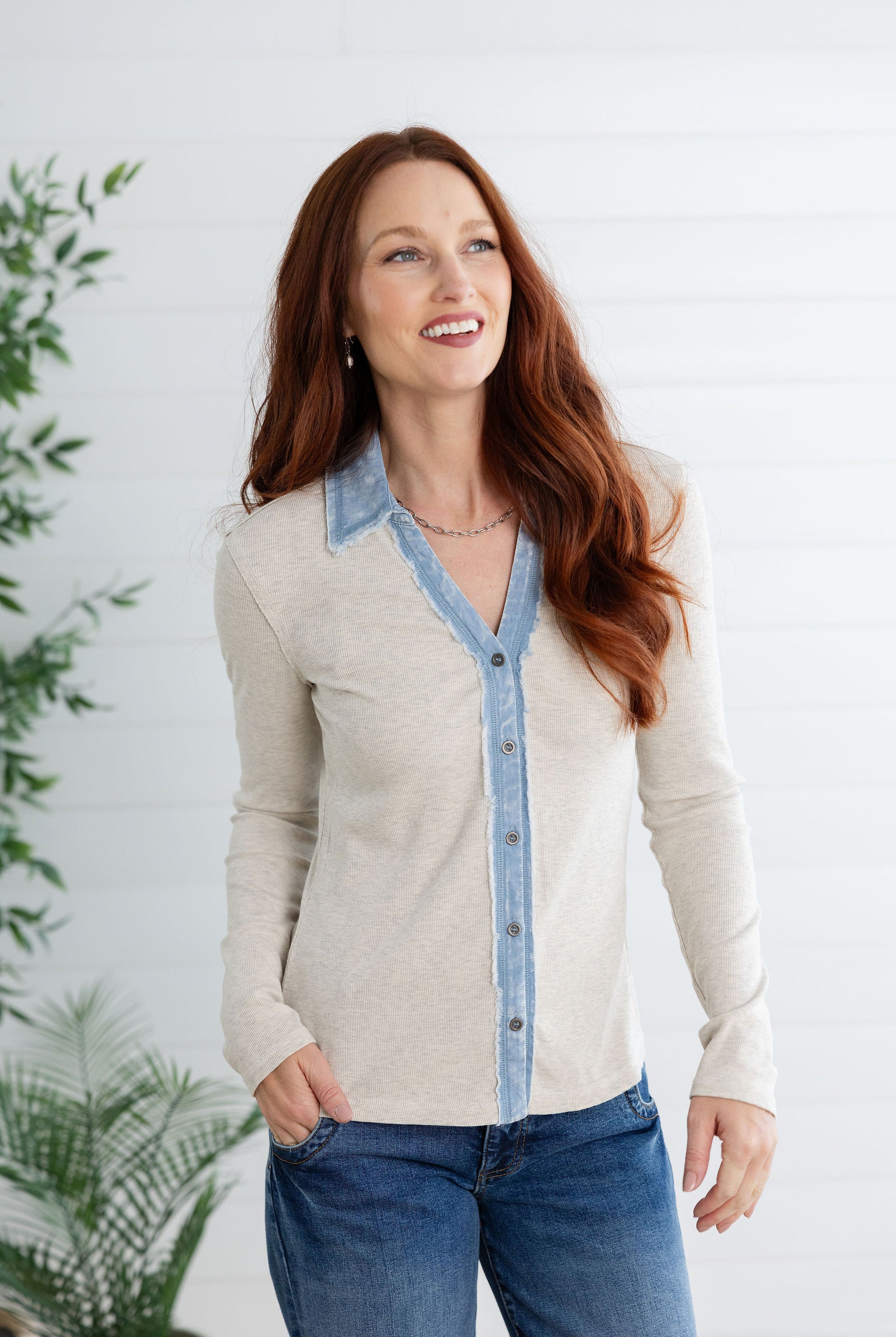 Washed Ribbed Thermal Button Down Top