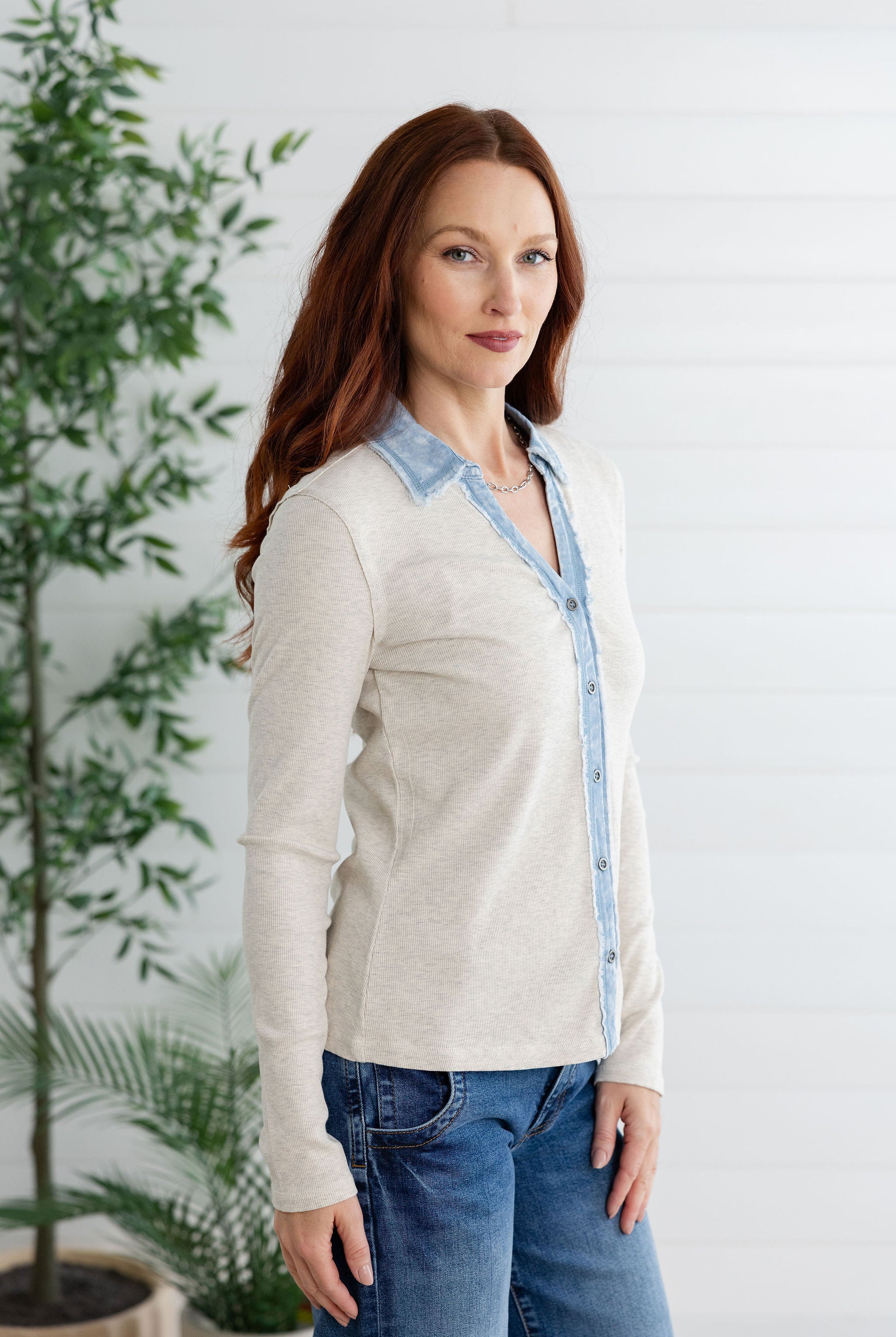 Washed Ribbed Thermal Button Down Top