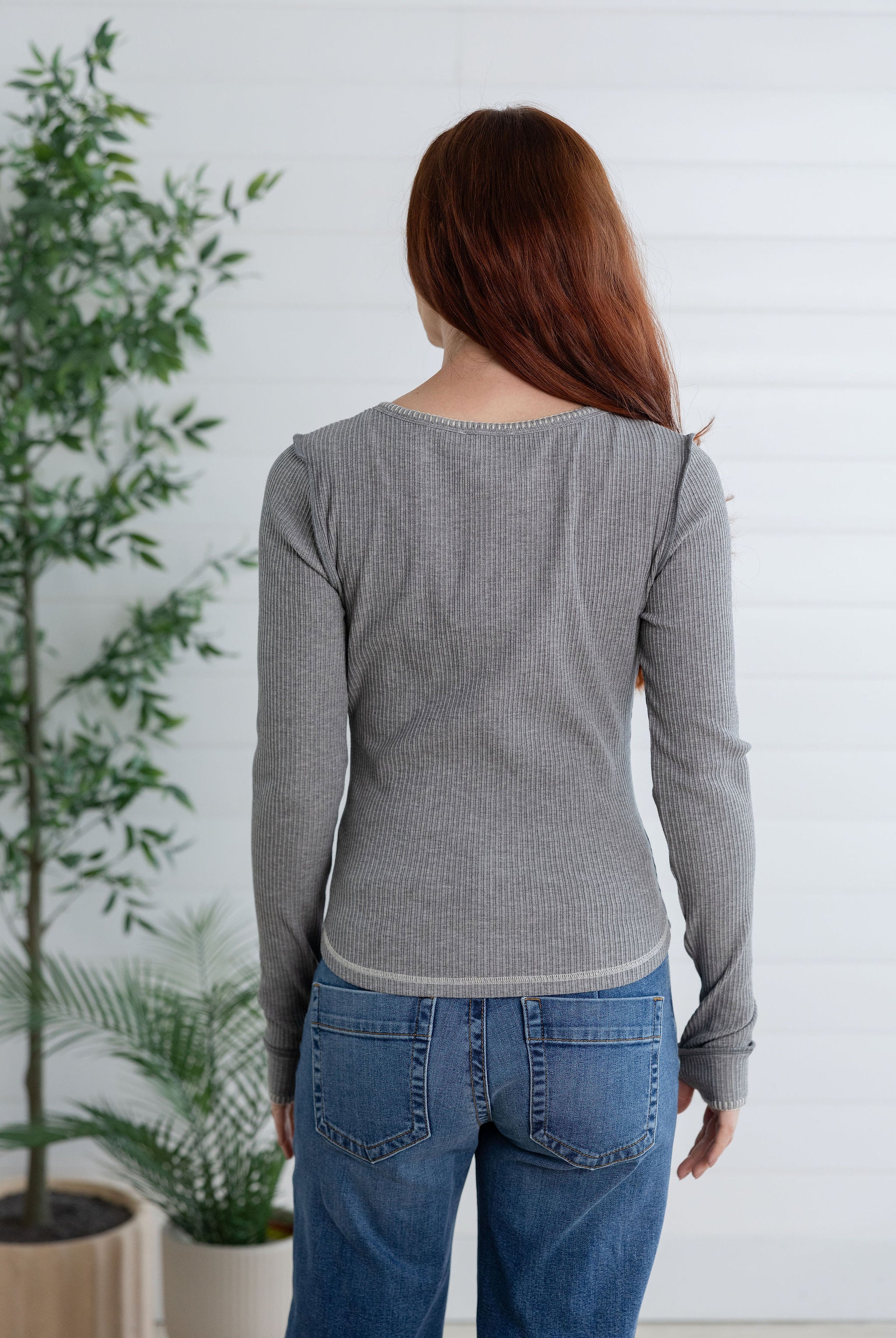 Blanket Stitched Classic Henley Top with Thumbholes