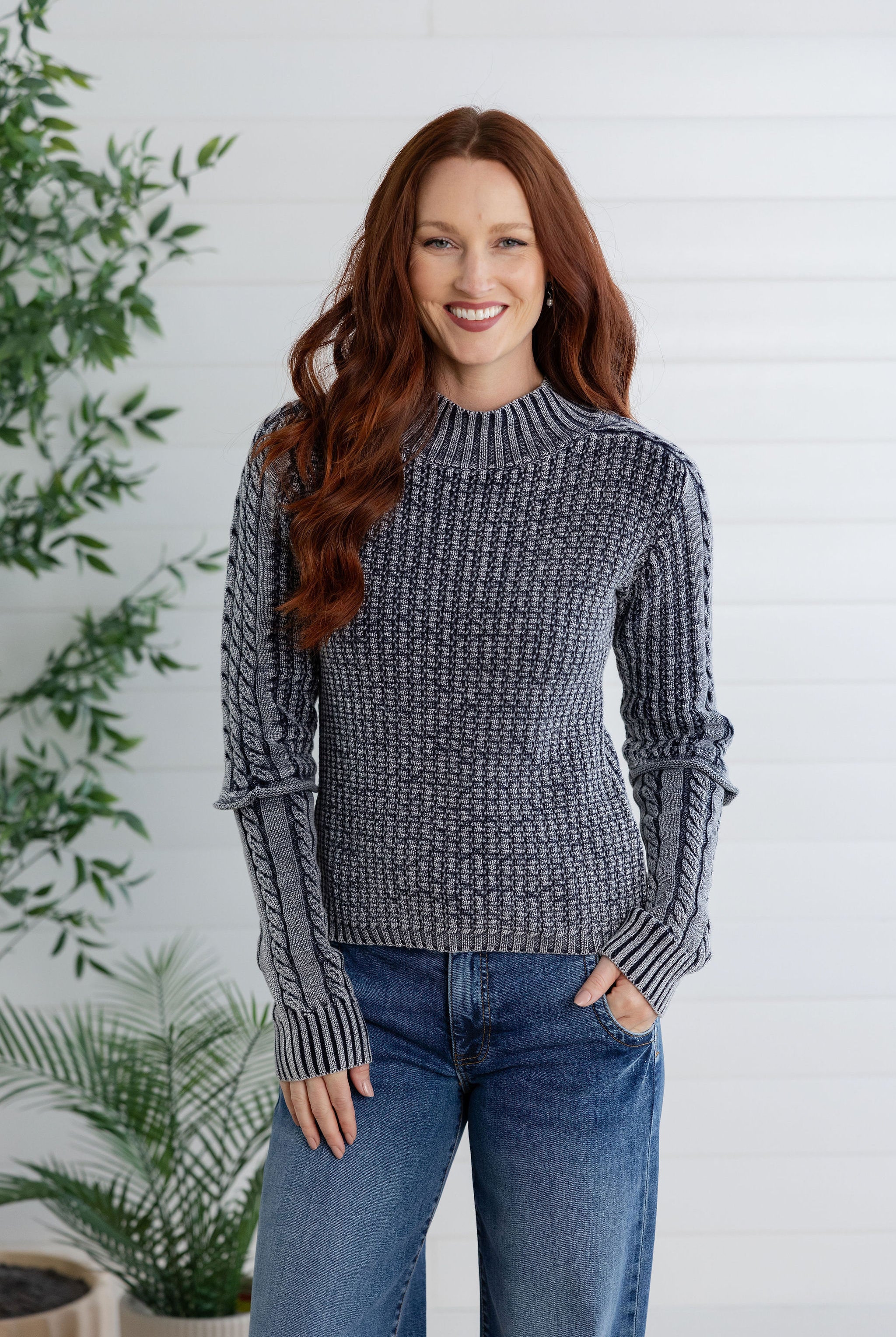 Cotton Washed Cable Knit Mock Neck Sweater