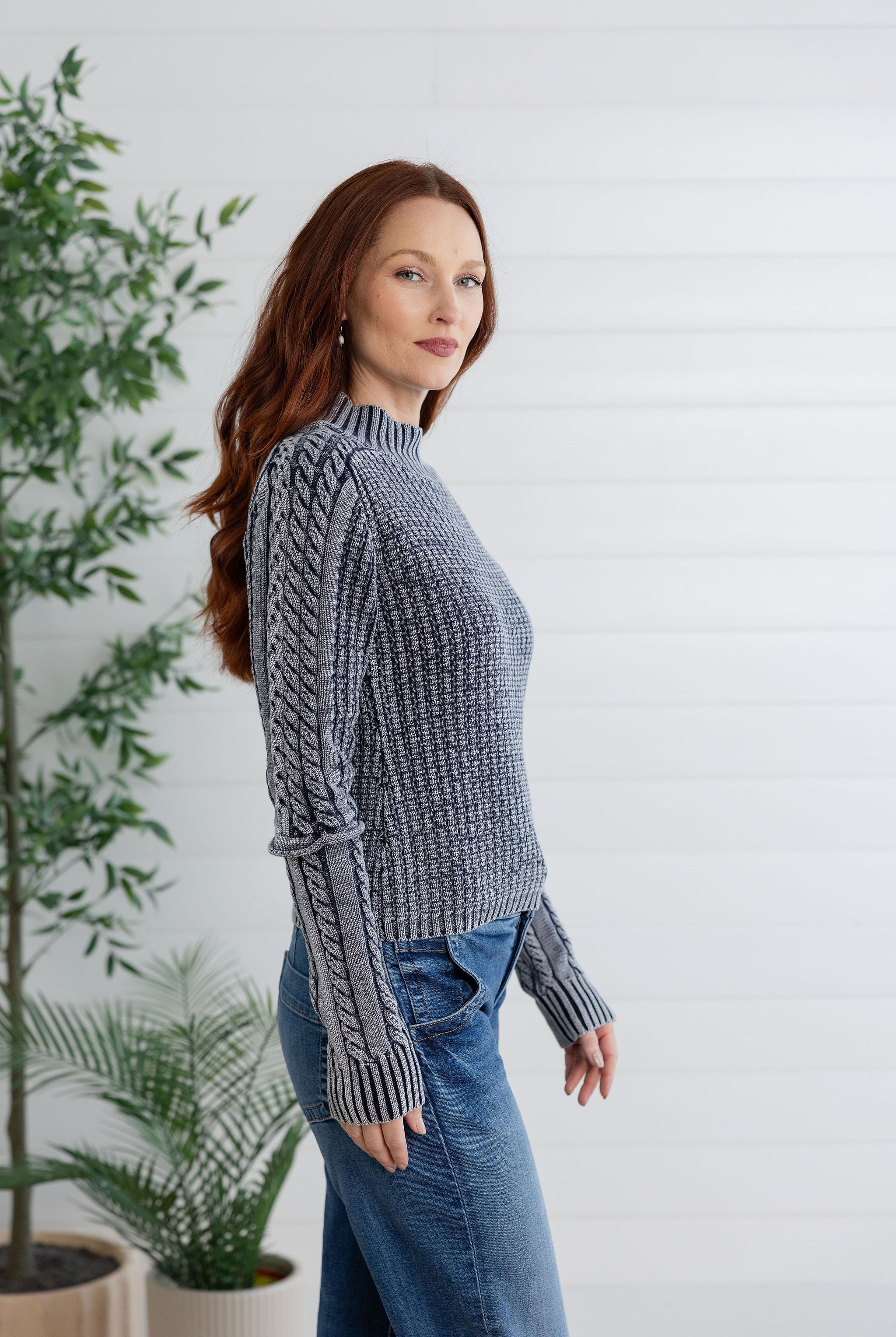 Cotton Washed Cable Knit Mock Neck Sweater