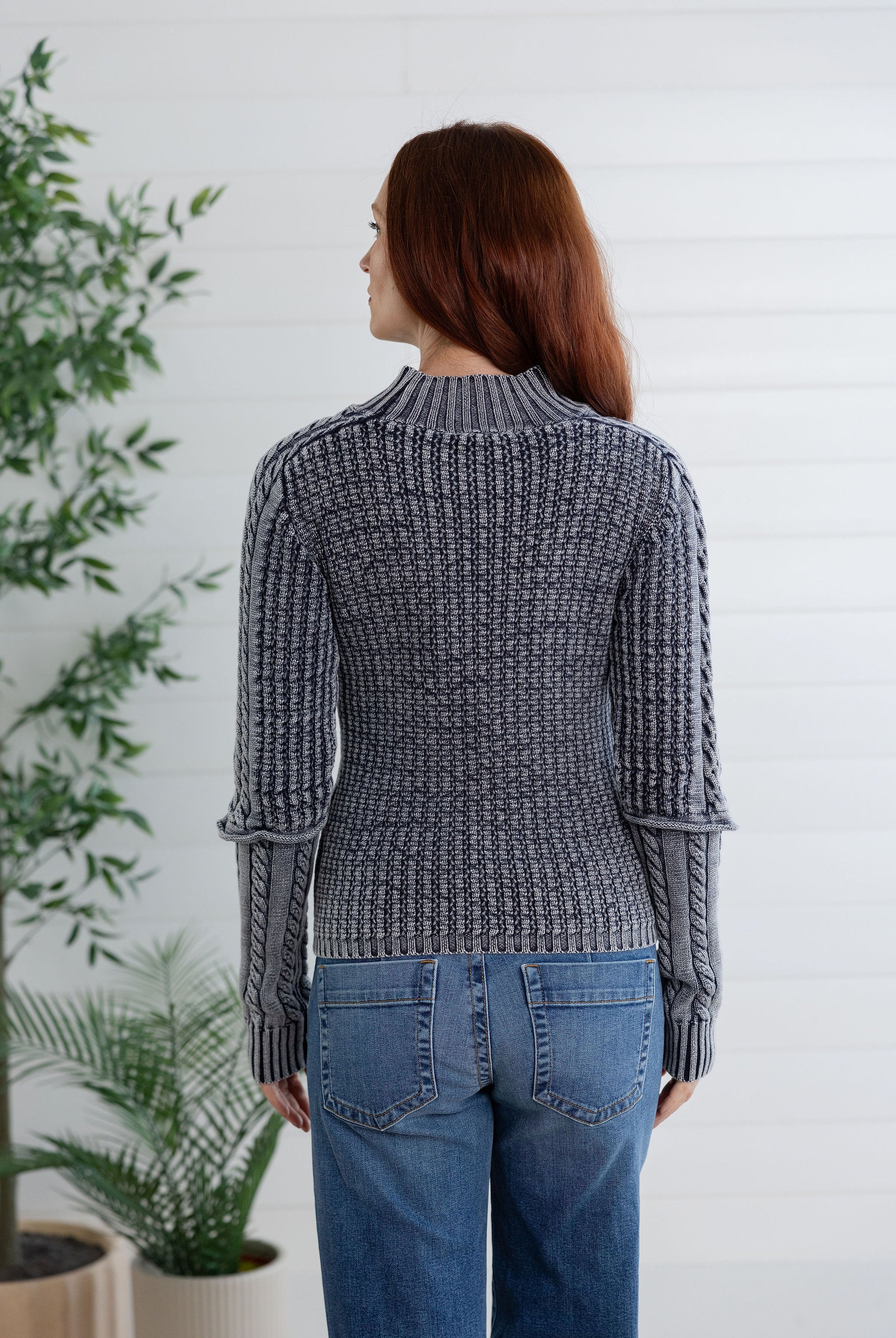 Cotton Washed Cable Knit Mock Neck Sweater