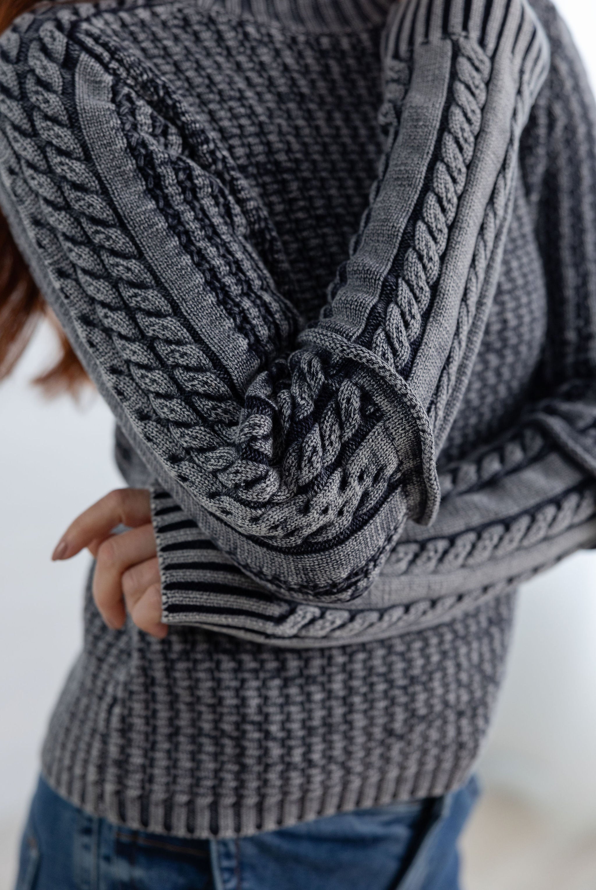 Cotton Washed Cable Knit Mock Neck Sweater