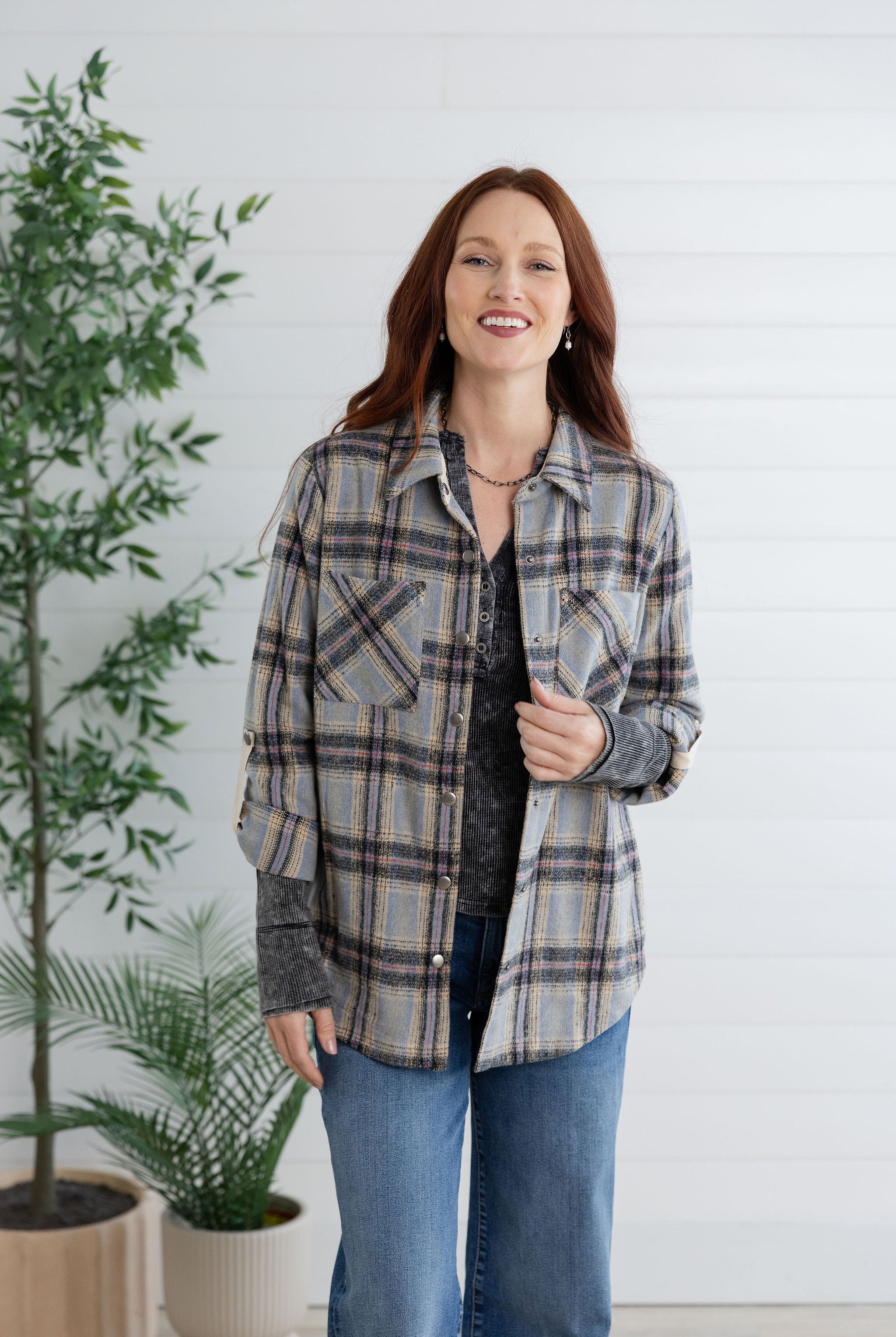 Plaid Shirt Jacket with Roll Tab Sleeve