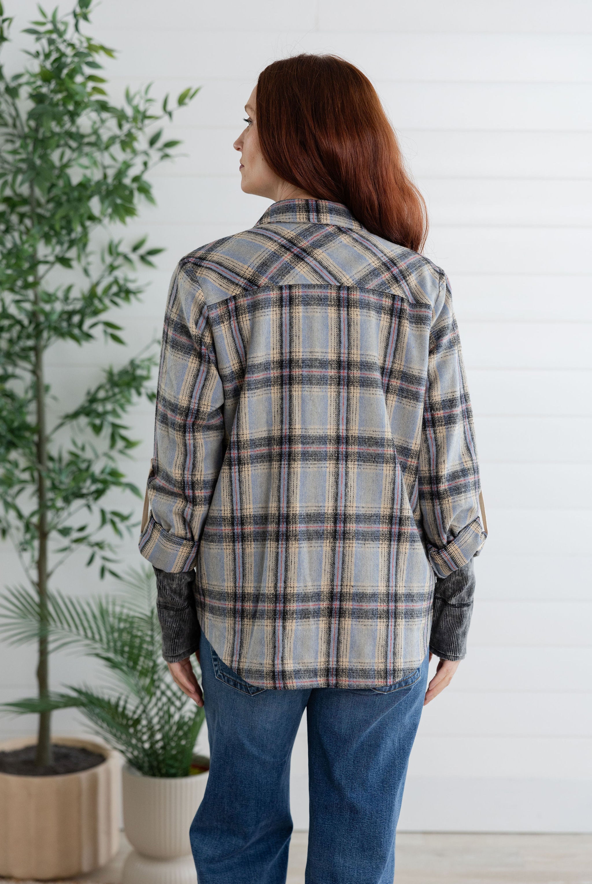 Plaid Shirt Jacket with Roll Tab Sleeve
