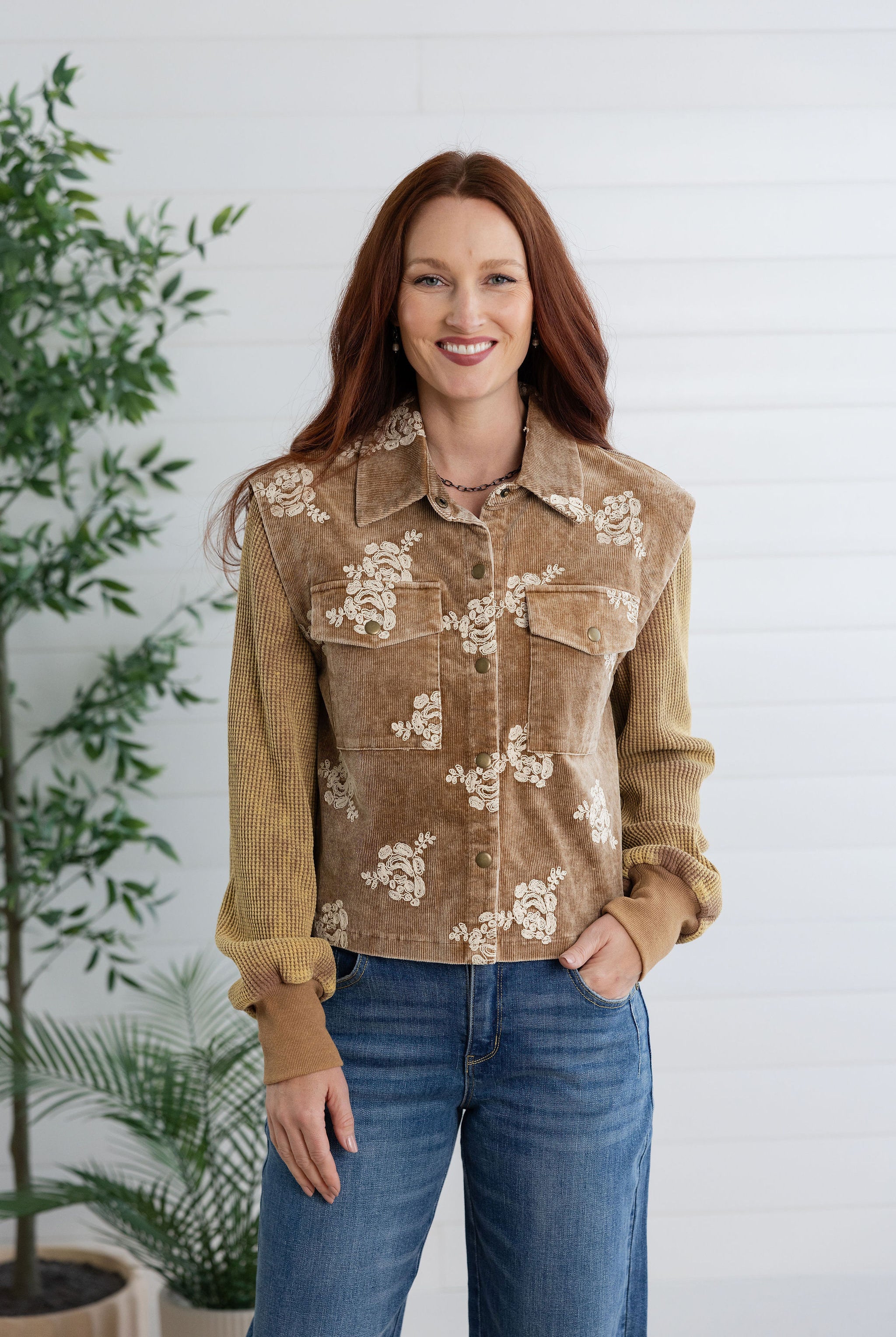 Floral Embroidered Jacket with Sweater Sleeves