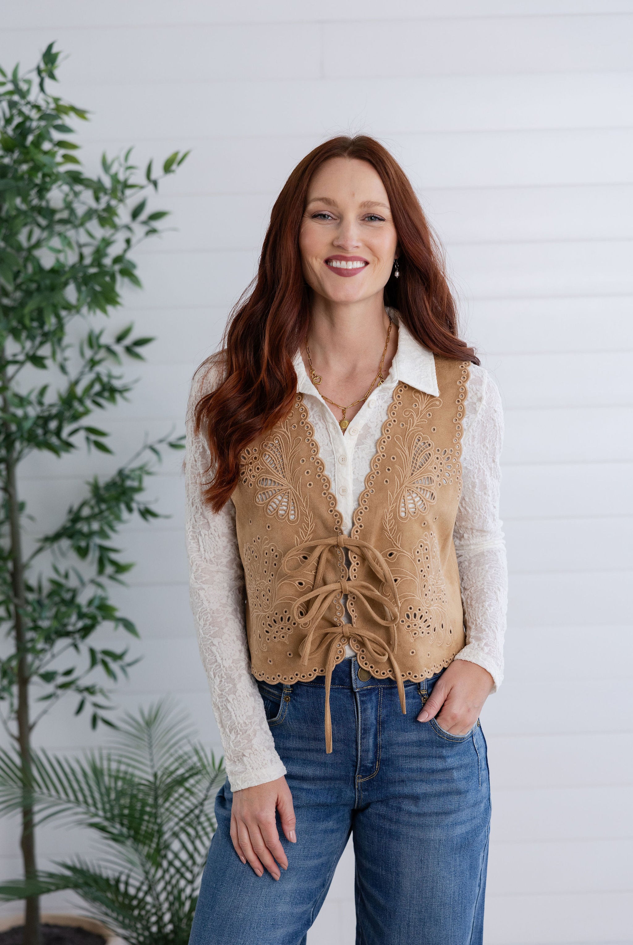 Suede Embroidered Front Tie Vest