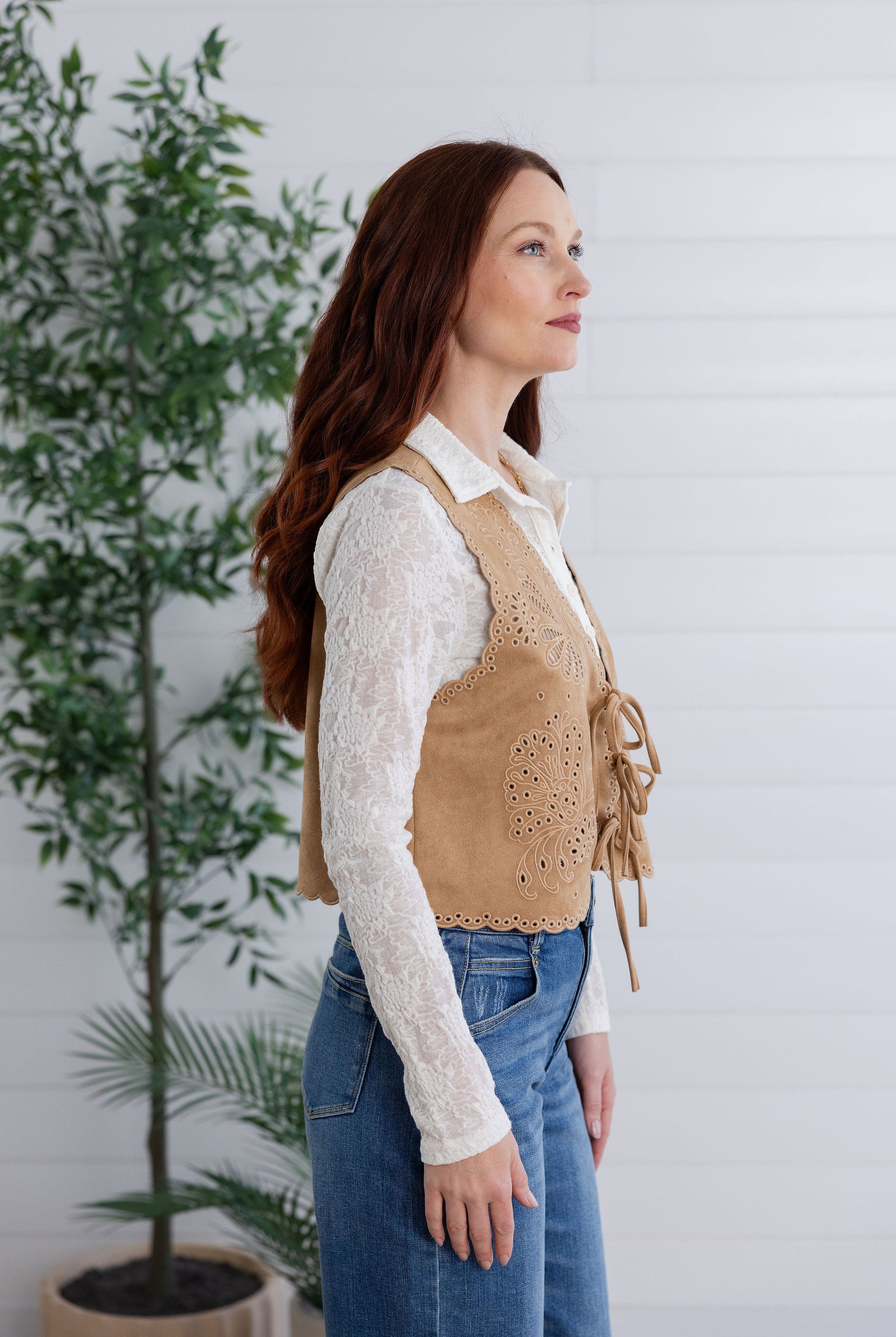 Suede Embroidered Front Tie Vest