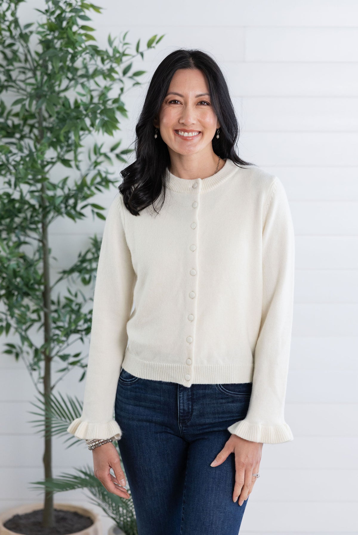 Mac and Me Button Front Knit Cardigan with Ruffle Cuff