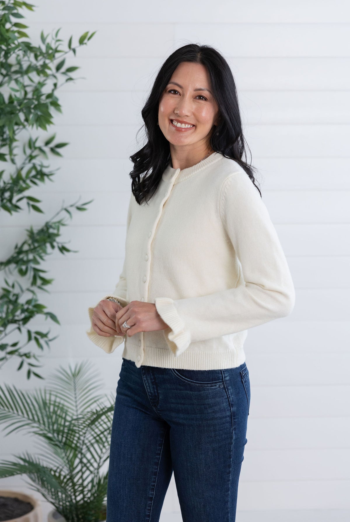Mac and Me Button Front Knit Cardigan with Ruffle Cuff
